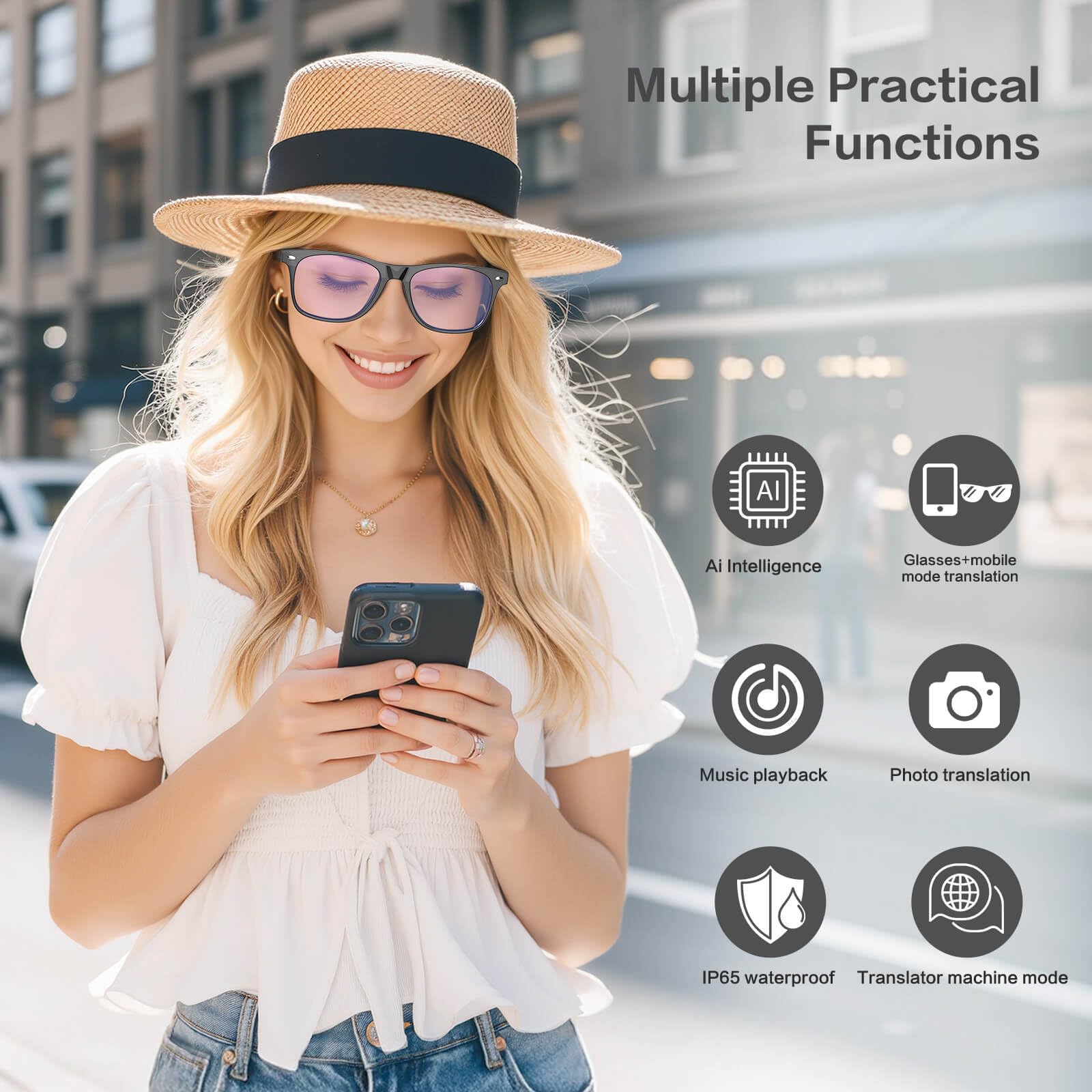 AI Smart Glasses with Chat GPT, AI Translation Glasses with 164 Language, Classic Aviator Sunglasses with Voice Assistant/AI Calling, IP65 Waterproof, Multifunctional Smart Glasses for Men Women