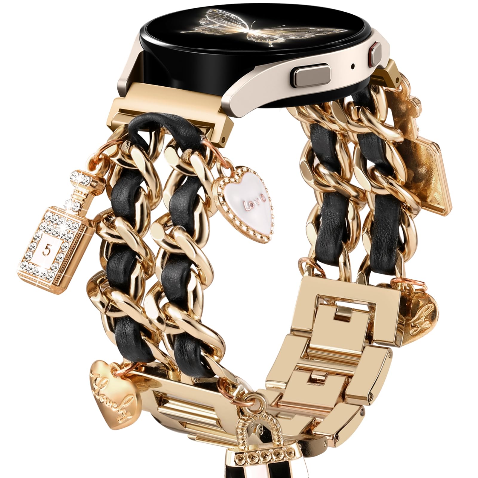 Stylish Metal Band Compatible with Samsung Galaxy Watch 7 Band/FE 6 5 4 40mm 44mm,Galaxy Active 2, 20mm Watch Strap Pretty Chain with Cute Decorative Charms Accessories for Samsung Watch Bands Women