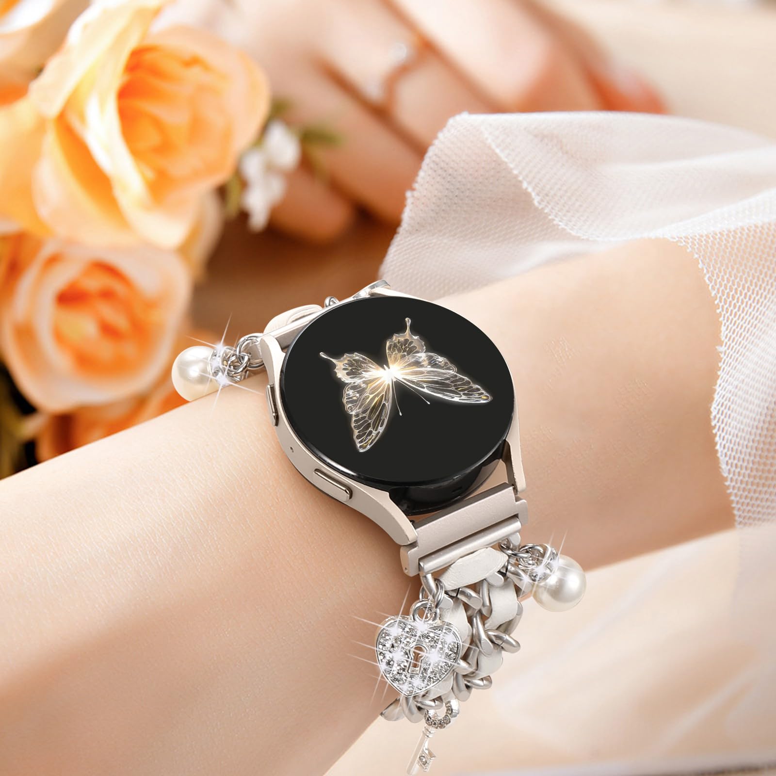 Stylish Metal Band Compatible with Samsung Galaxy Watch 7 Band/FE 6 5 4 40mm 44mm,Galaxy Active 2, 20mm Watch Strap Pretty Chain with Cute Decorative Charms Accessories for Samsung Watch Bands Women
