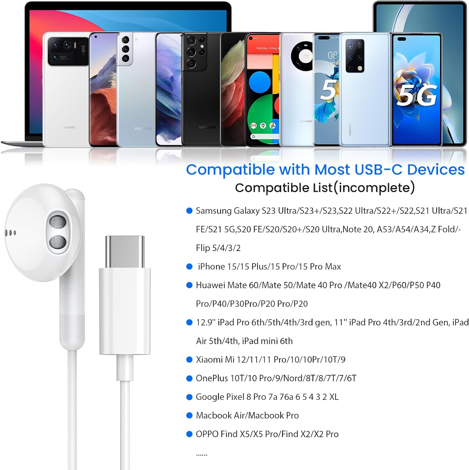 USB C Headphones for iPhone 17 16 15 Pro Max Plus iPad Pro USB C Earphones with Microphone Volume Control USB C Wired Earbuds USB Type C Earphone for Google Pixel 8 Samsung S25 S24 S23 S22 S21 S20 A55