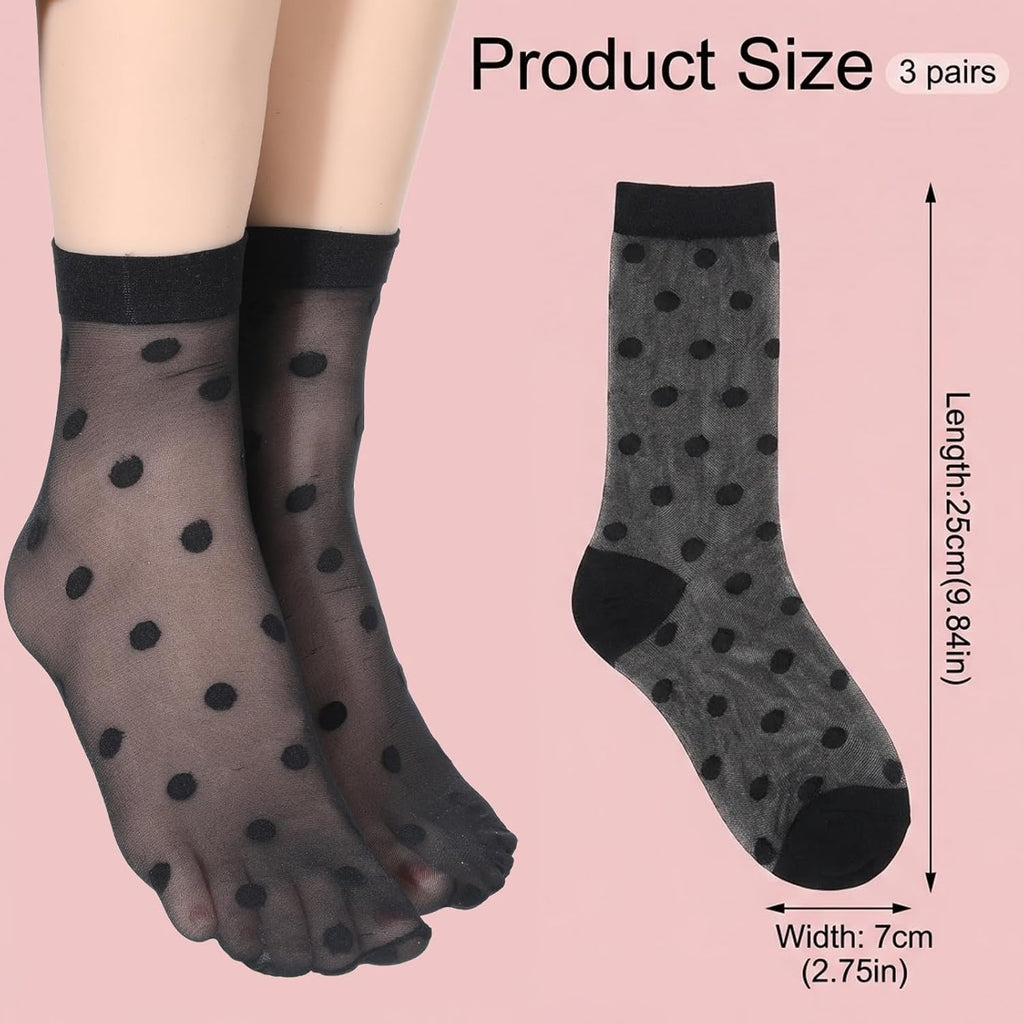 Tucnoeu 5 Pairs Women Sheer Ankle Socks, Black Sheer Polka Dot Socks, Thin Soft Reinforced Toes Stretchy Breathable Nylon Sock Mesh Dress Sock for Everyday Comfort