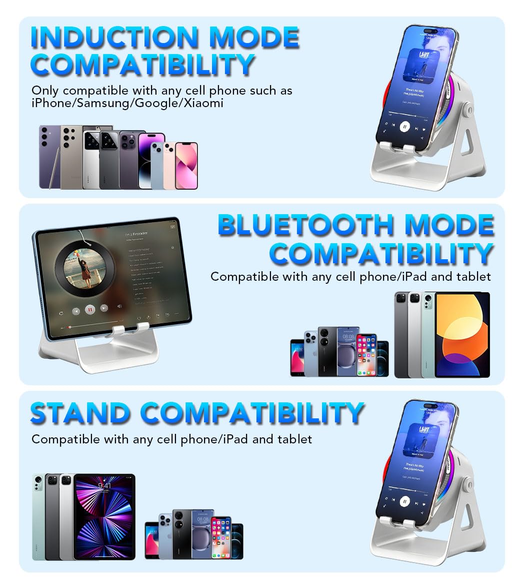 Bluetooth Speaker, 4-in-1 Wireless Induction Speaker & RGB Light Stand Multi-Functional Phone Stand Instant-Connect Stereo Sound, 360° Adjustable Holder for iPhone/Android/iPad/Samsung (Black)
