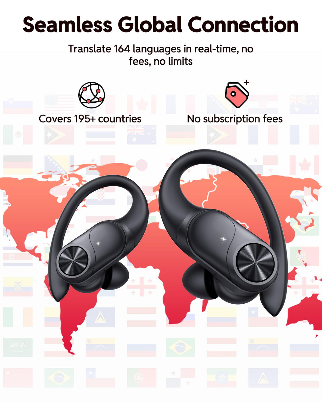 PocBuds Bluetooth Headphones Wireless Earbuds 80hrs Playtime Wireless Charging Case Digital Display Sports Ear Buds with Earhook Deep Bass IPX7 Waterproof Over-Ear Earphones for TV Phone Laptop Black