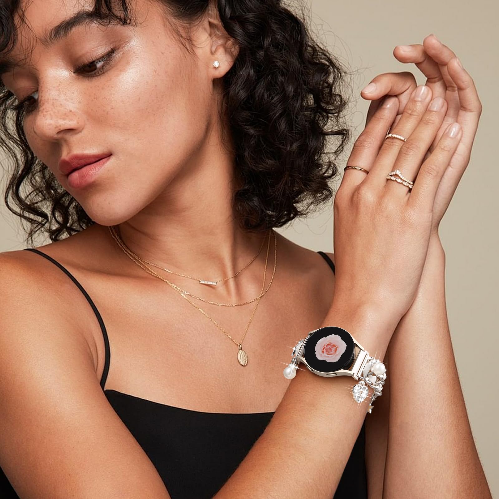 Stylish Metal Band Compatible with Samsung Galaxy Watch 7 Band/FE 6 5 4 40mm 44mm,Galaxy Active 2, 20mm Watch Strap Pretty Chain with Cute Decorative Charms Accessories for Samsung Watch Bands Women