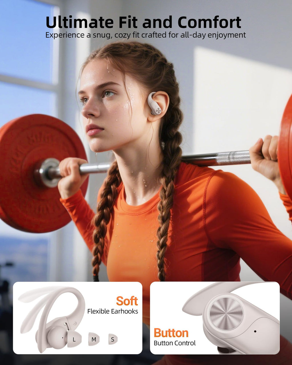 PocBuds Bluetooth Headphones Wireless Earbuds 80hrs Playtime Wireless Charging Case Digital Display Sports Ear Buds with Earhook Deep Bass IPX7 Waterproof Over-Ear Earphones for TV Phone Laptop Black