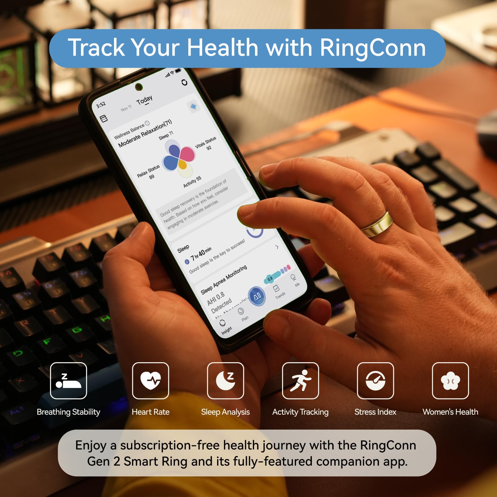 RingConn Gen 2, World’s First Smart Ring with Sleep Apnea Monitoring, No APP Subscription, 12-Day Battery Life, Stress/Heart Rate/Women's Health Tracker, Android & iOS Compatible (Black, Size 10)