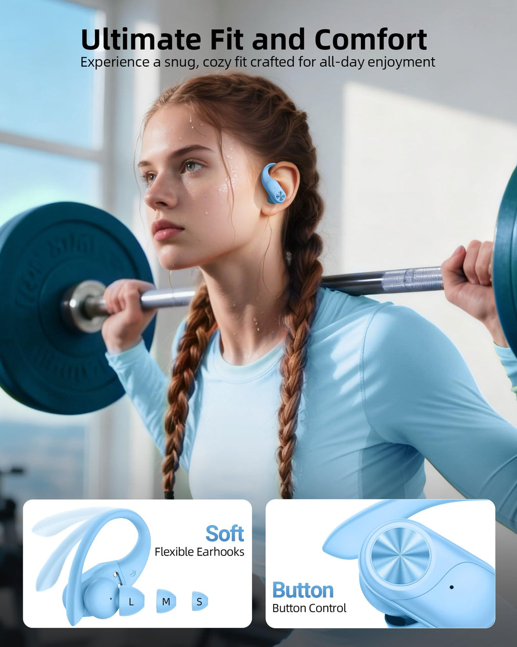 PocBuds Bluetooth Headphones Wireless Earbuds 80hrs Playtime Wireless Charging Case Digital Display Sports Ear Buds with Earhook Deep Bass IPX7 Waterproof Over-Ear Earphones for TV Phone Laptop Black