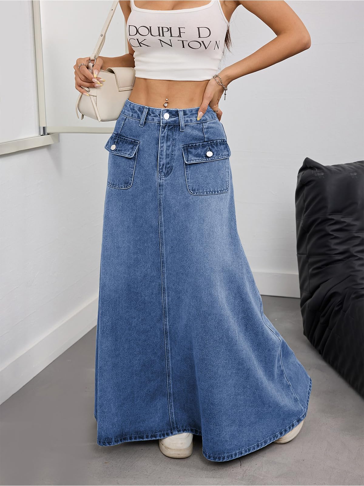 ebossy Women's Vintage Mid-Rise Multi-Pockets Flared Long Jean Skirts Pleated Flowy Swing A-line Denim Maxi Skirts