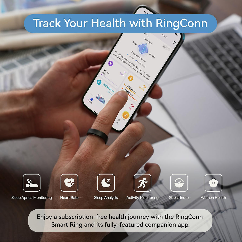 RingConn Gen 2, World’s First Smart Ring with Sleep Apnea Monitoring, No APP Subscription, 12-Day Battery Life, Stress/Heart Rate/Women's Health Tracker, Android & iOS Compatible (Black, Size 10)
