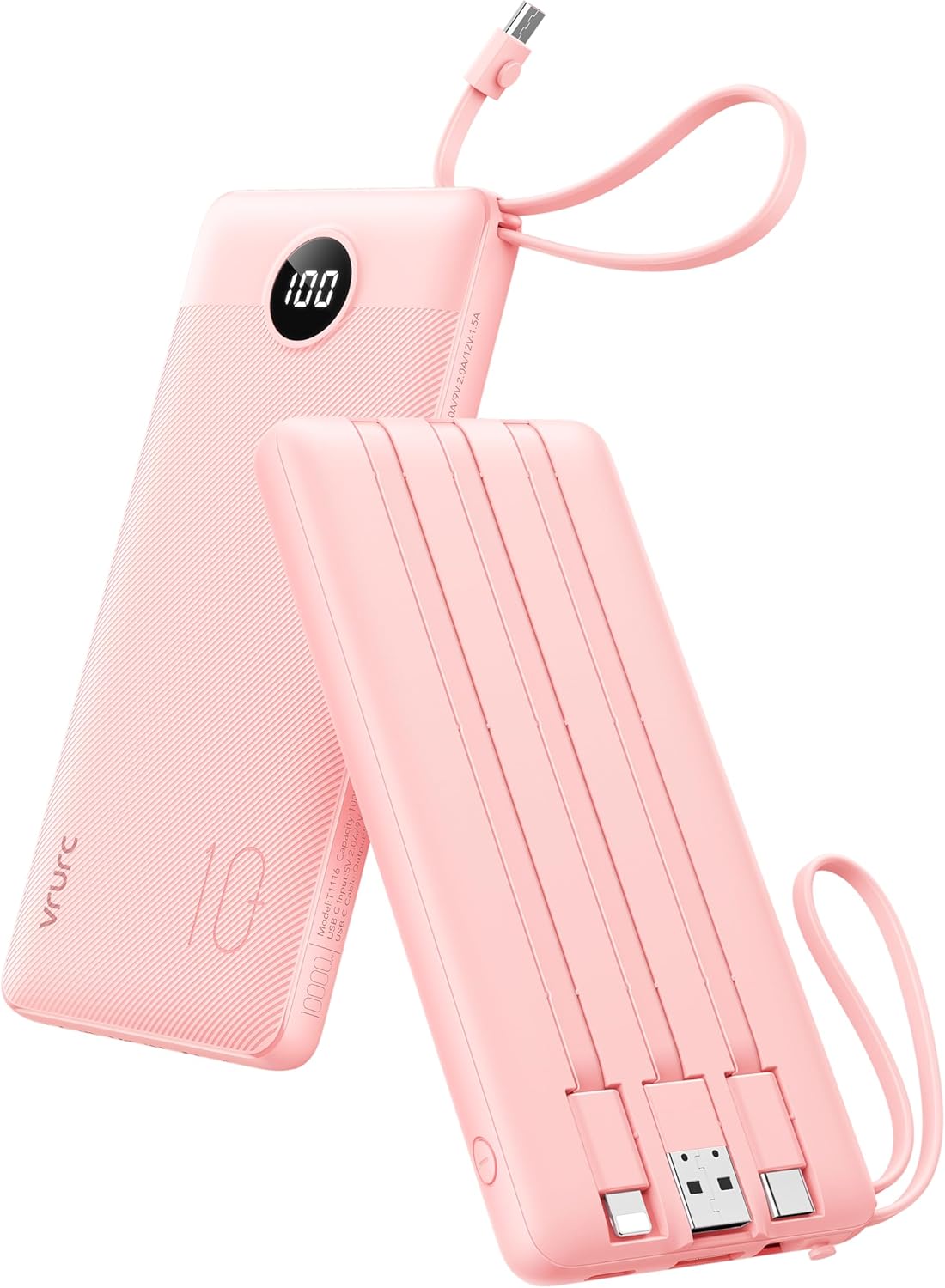 VRURC Portable Charger Power Bank, 10000mAh Travel Essentials Battery Pack, 5 Outputs 2 Inputs Slim Charging Bank Built-in Cables Cords Wires Compatible with iPhone,Samsung,Android-Pink(1 Pack)