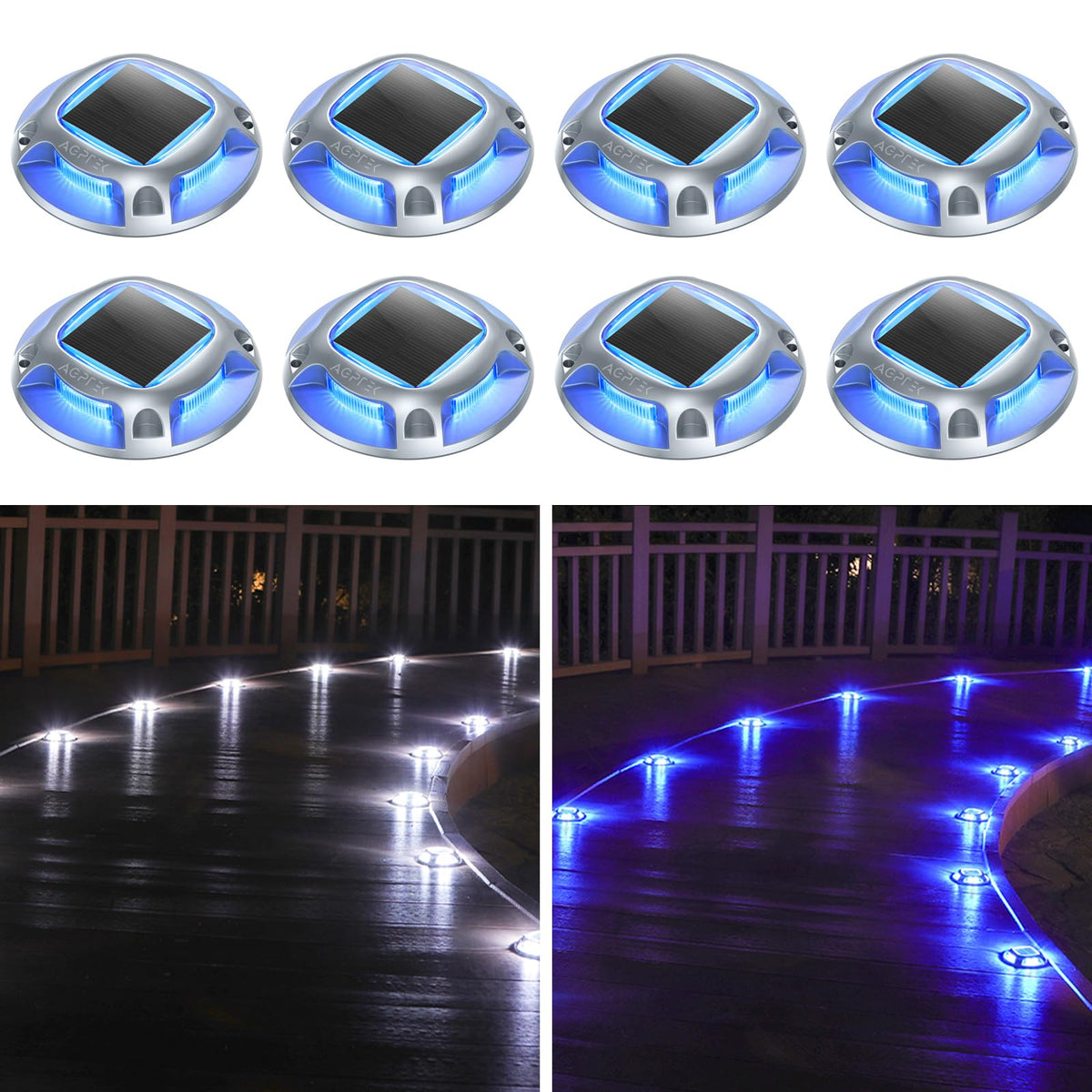 AGPTEK Solar Driveway Lights Outdoor 8 Pack, 2 Color Modes LED Deck Dock