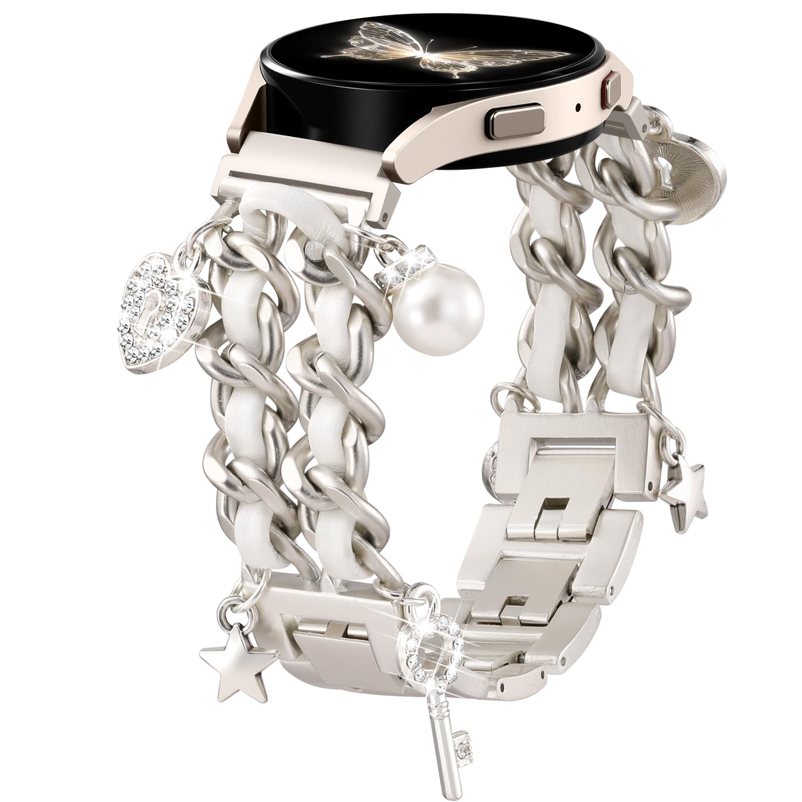 Stylish Metal Band Compatible with Samsung Galaxy Watch 7 Band/FE 6 5 4 40mm 44mm,Galaxy Active 2, 20mm Watch Strap Pretty Chain with Cute Decorative Charms Accessories for Samsung Watch Bands Women