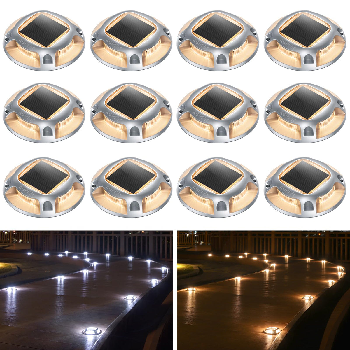 AGPTEK Solar Driveway Lights Outdoor 8 Pack, 2 Color Modes LED Deck Dock