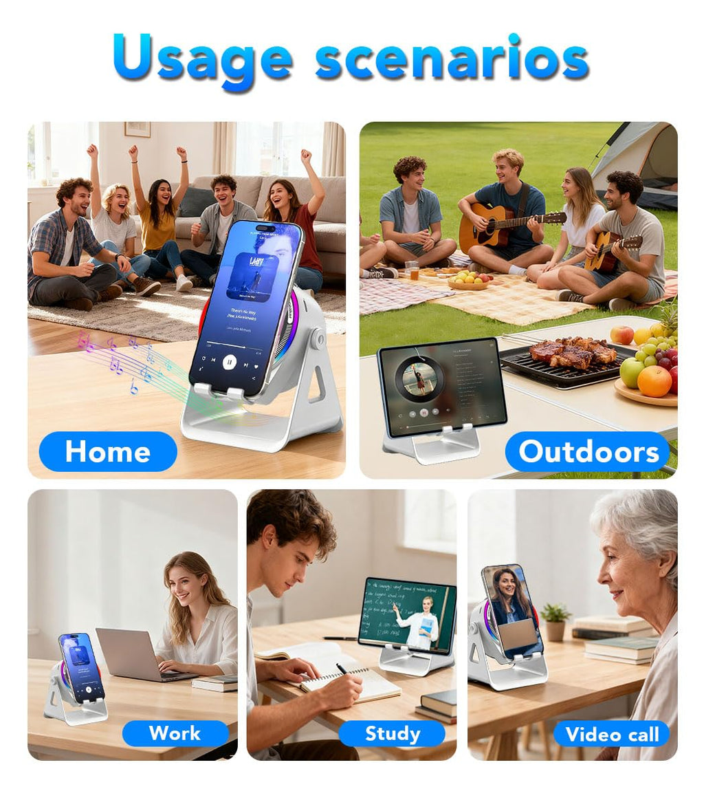 Bluetooth Speaker, 4-in-1 Wireless Induction Speaker & RGB Light Stand Multi-Functional Phone Stand Instant-Connect Stereo Sound, 360° Adjustable Holder for iPhone/Android/iPad/Samsung (Black)