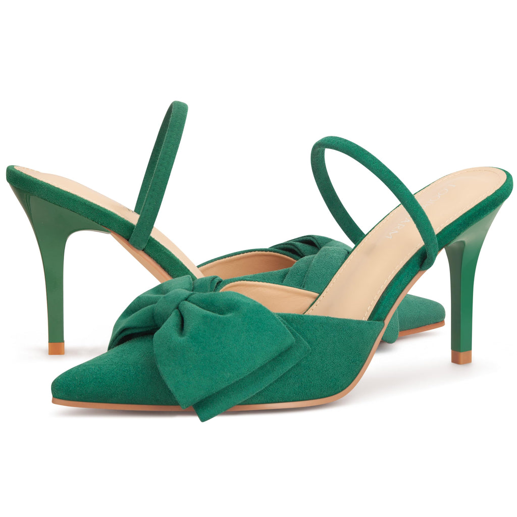 Women's Closed Pointed Toe Slingback Pumps with Big Bow Elastic Strap 3.5 Inch Stiletto Heels Dress Shoes