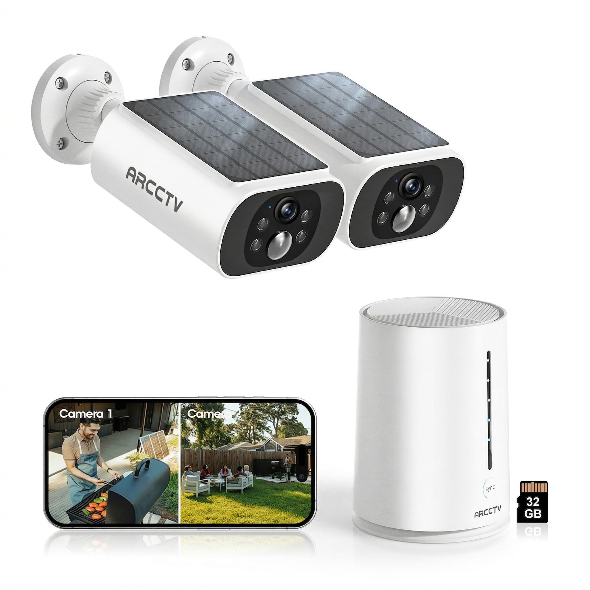 ARCCTV Solar Security Cameras Wireless Outdoor, 4 Cam-Kit, 4MP Solar Security Camera Wireless System, Color Night Vision, Motion Detection, No Monthly Fee, 32GB Memory Card