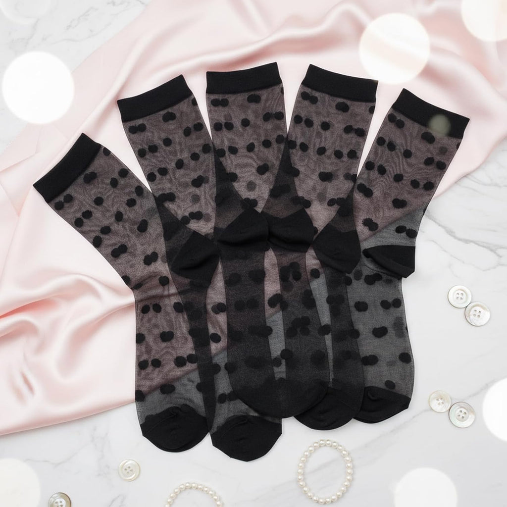 Tucnoeu 5 Pairs Women Sheer Ankle Socks, Black Sheer Polka Dot Socks, Thin Soft Reinforced Toes Stretchy Breathable Nylon Sock Mesh Dress Sock for Everyday Comfort