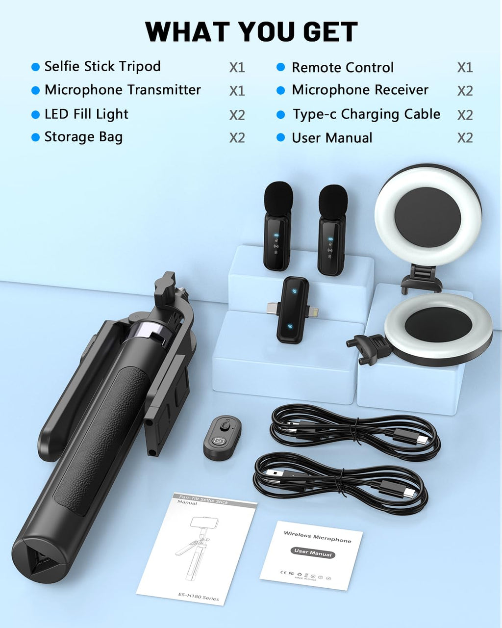 Yeaki Vlogging Kit for iPhone/Android, 71" Selfie Stick Tripod for iPhone with Light, Wireless Remote & Microphone, Adjustable Phone Tripod for TikTok/YouTube Starter Content Creator Essentials Kit