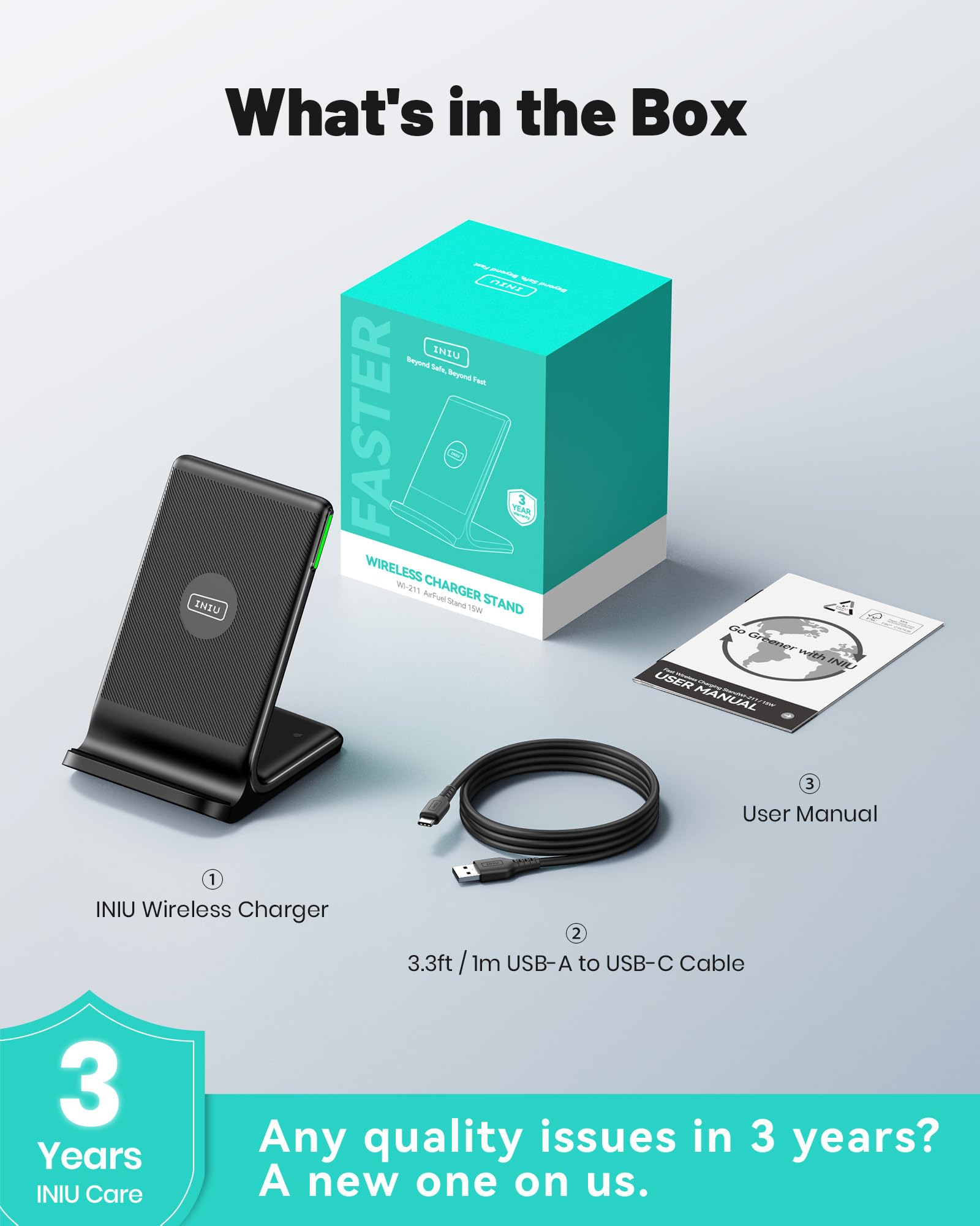 INIU Wireless Charger, 15W Fast Wireless Charging Station with Sleep-Friendly Adaptive Light Compatible with iPhone 17 16 15 14 13 12 Pro Max Samsung Galaxy S25 S24 S23 Note 20 Google etc