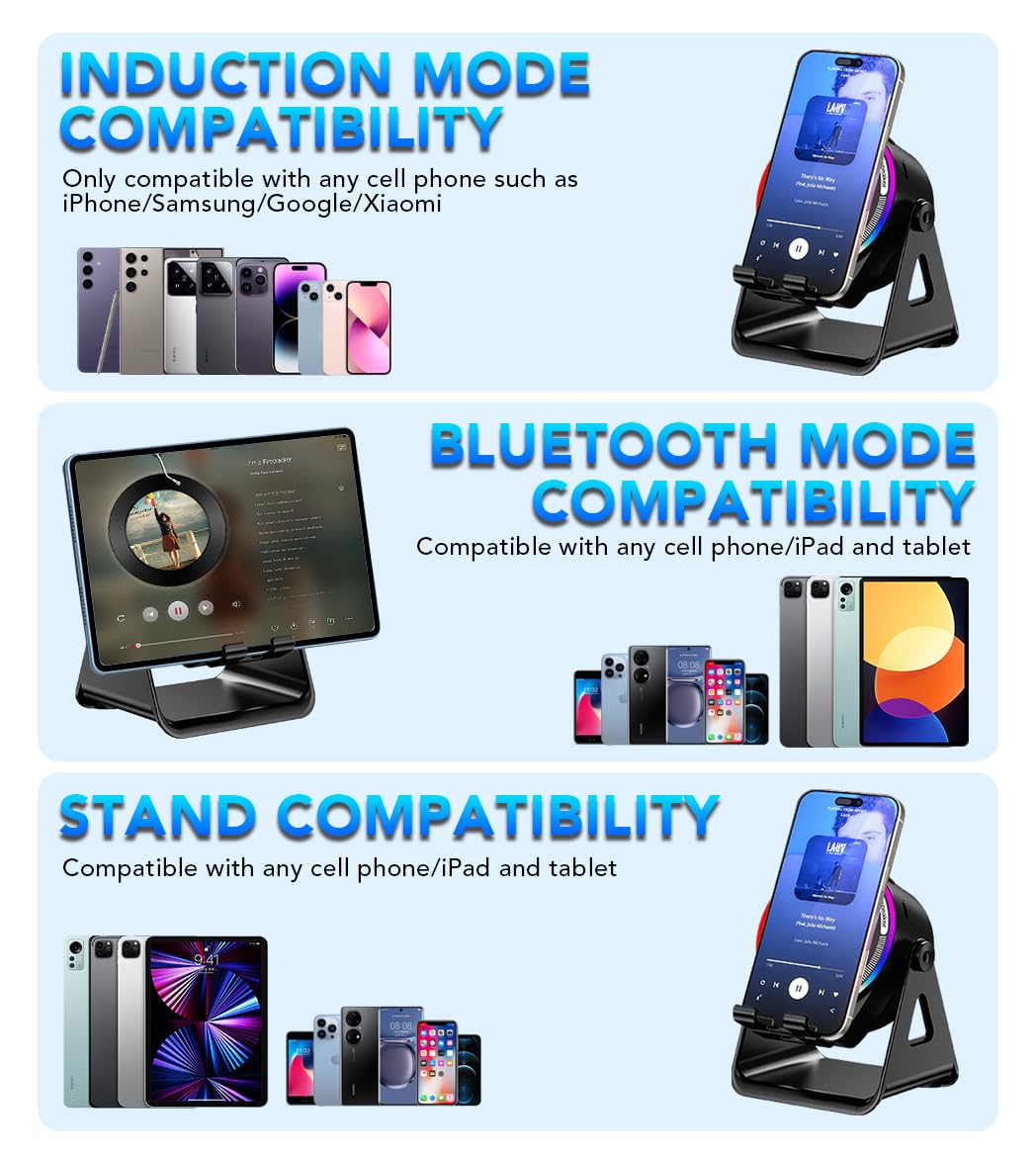 Bluetooth Speaker, 4-in-1 Wireless Induction Speaker & RGB Light Stand Multi-Functional Phone Stand Instant-Connect Stereo Sound, 360° Adjustable Holder for iPhone/Android/iPad/Samsung (Black)