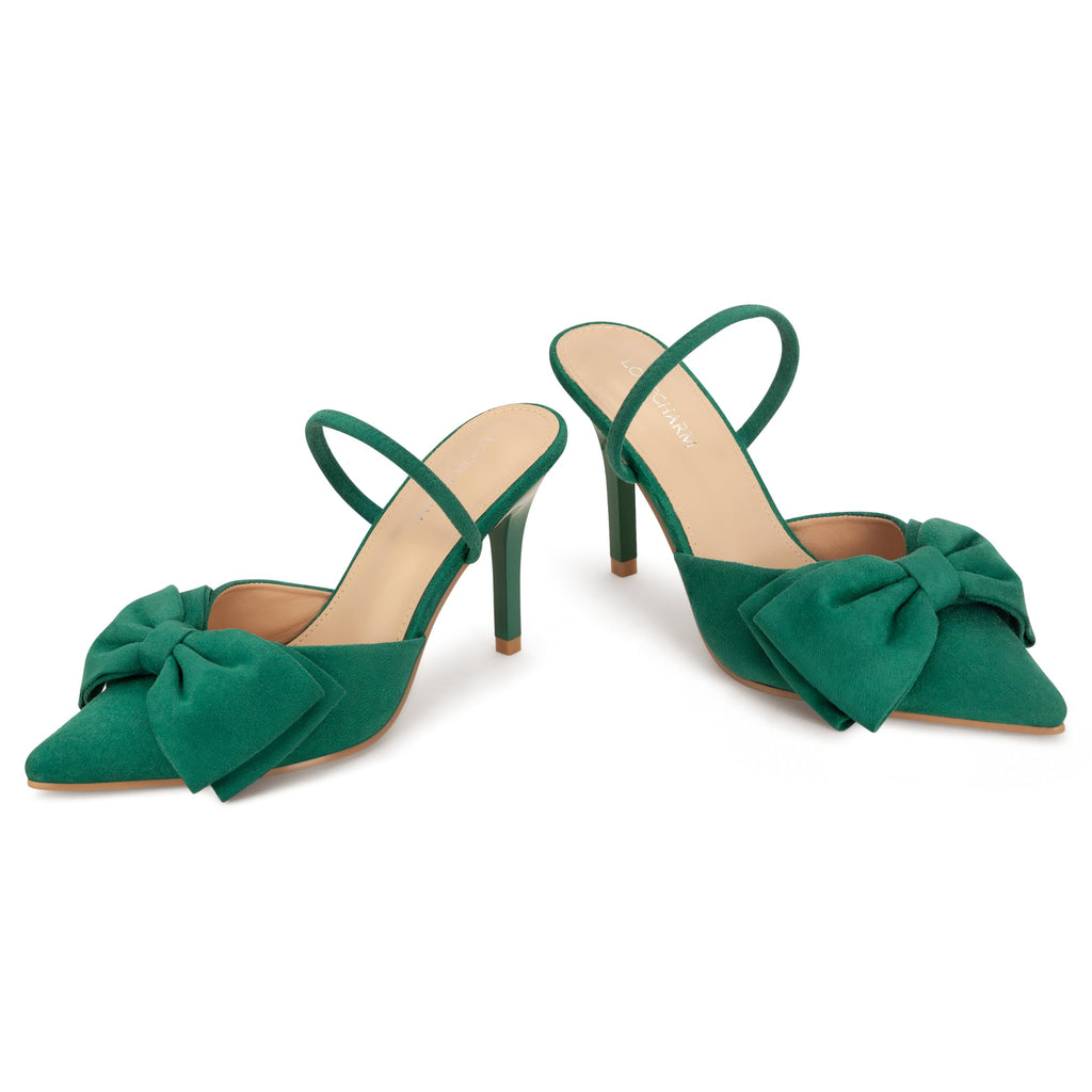 Women's Closed Pointed Toe Slingback Pumps with Big Bow Elastic Strap 3.5 Inch Stiletto Heels Dress Shoes