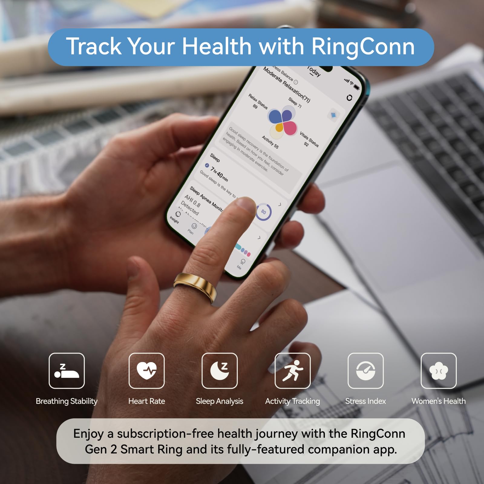 RingConn Gen 2, World’s First Smart Ring with Sleep Apnea Monitoring, No APP Subscription, 12-Day Battery Life, Stress/Heart Rate/Women's Health Tracker, Android & iOS Compatible (Black, Size 10)