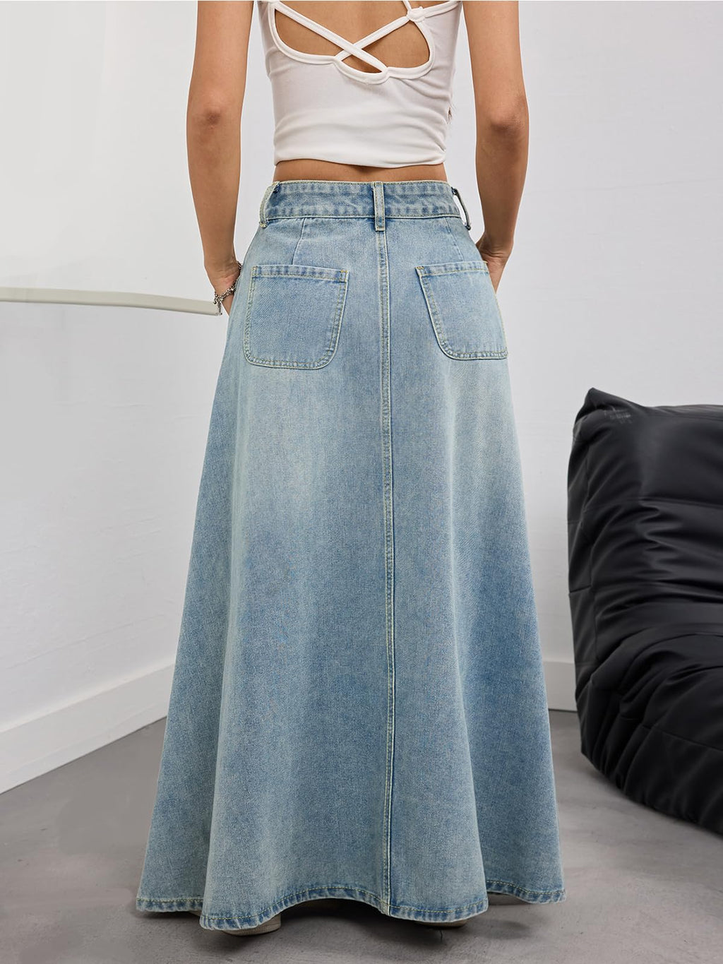 ebossy Women's Vintage Mid-Rise Multi-Pockets Flared Long Jean Skirts Pleated Flowy Swing A-line Denim Maxi Skirts