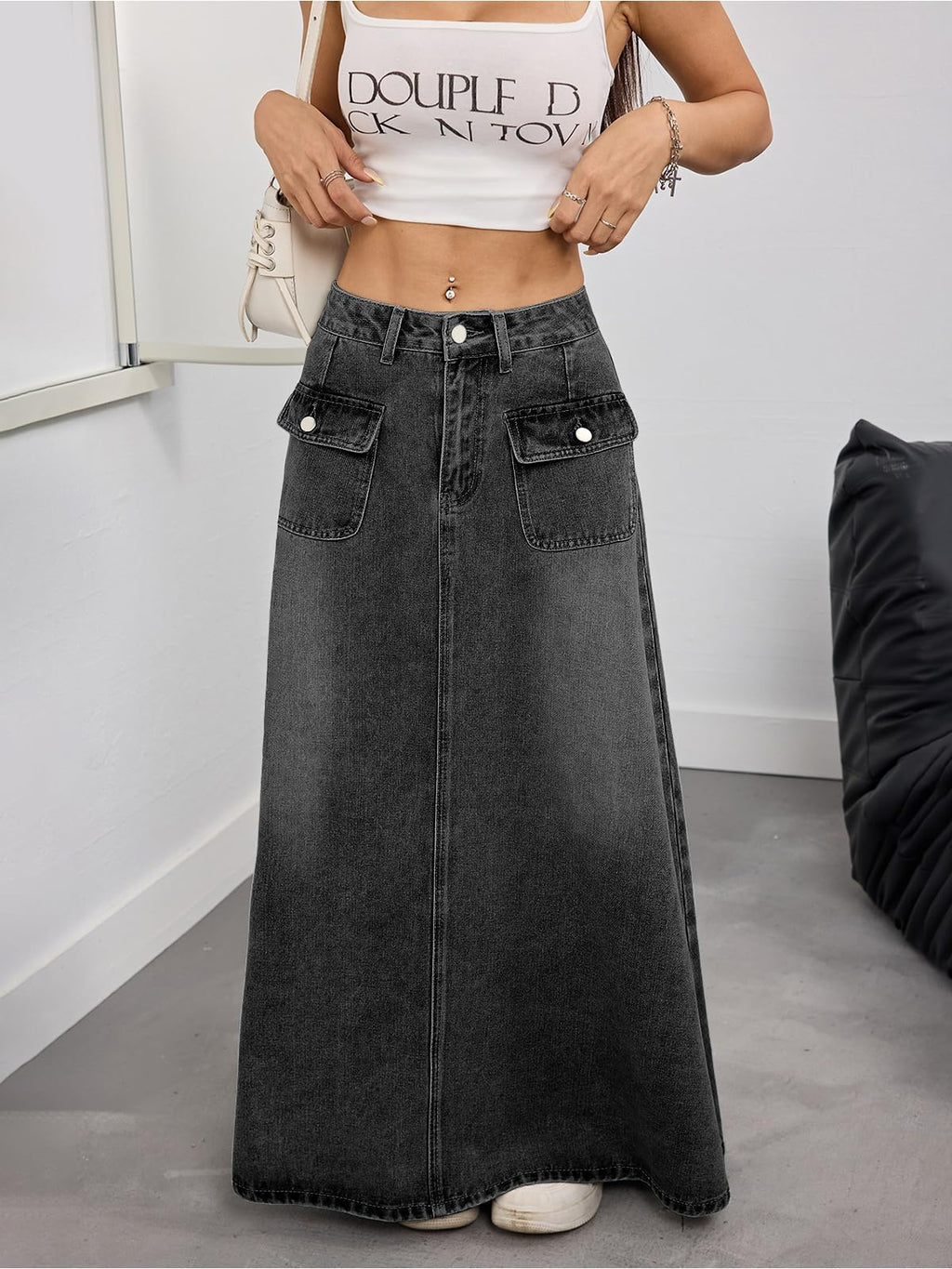 ebossy Women's Vintage Mid-Rise Multi-Pockets Flared Long Jean Skirts Pleated Flowy Swing A-line Denim Maxi Skirts