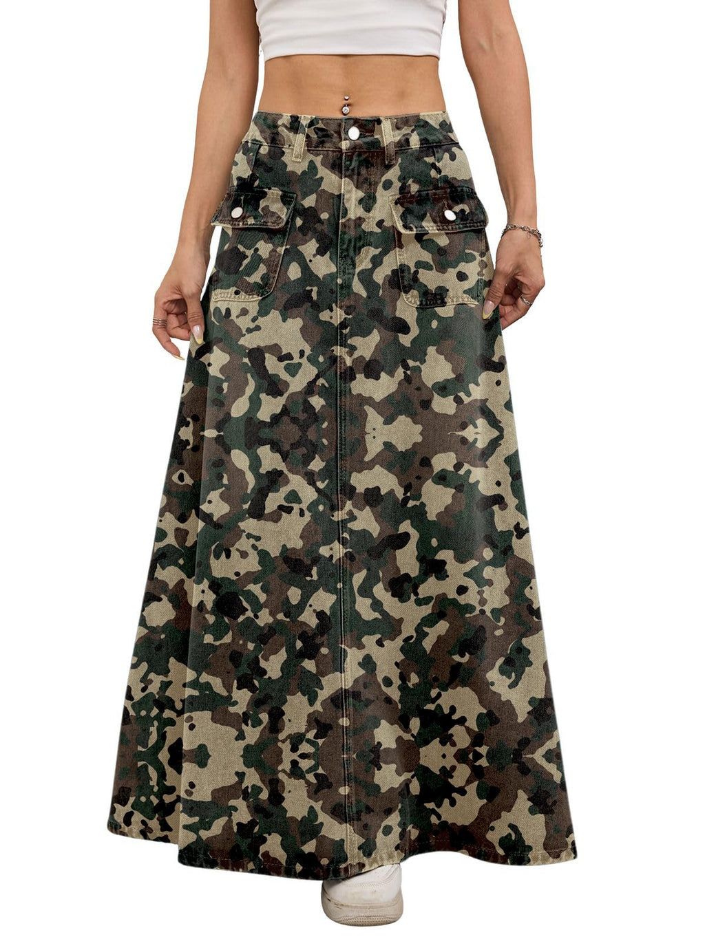 ebossy Women's Vintage Mid-Rise Multi-Pockets Flared Long Jean Skirts Pleated Flowy Swing A-line Denim Maxi Skirts