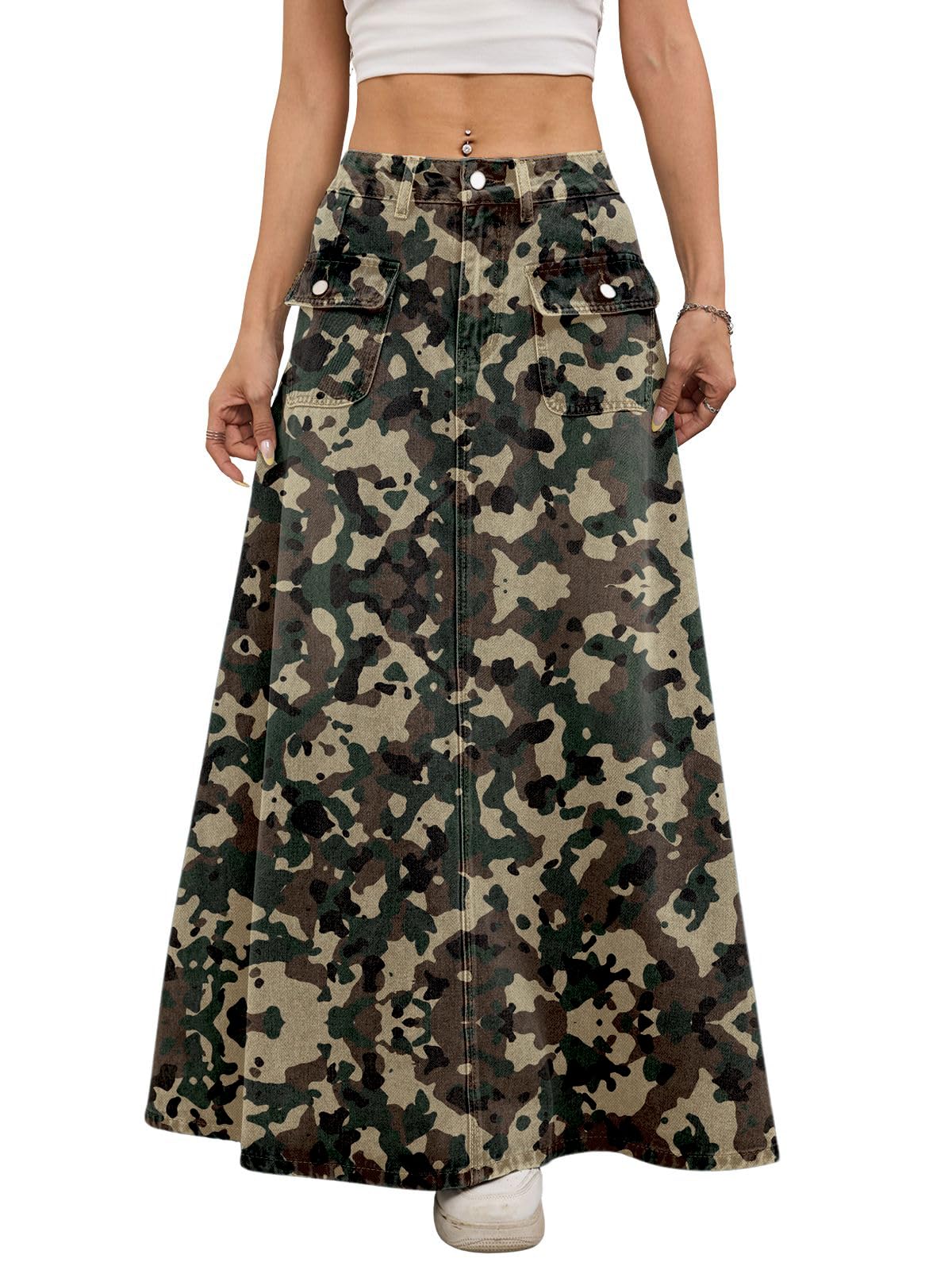 ebossy Women's Vintage Mid-Rise Multi-Pockets Flared Long Jean Skirts Pleated Flowy Swing A-line Denim Maxi Skirts