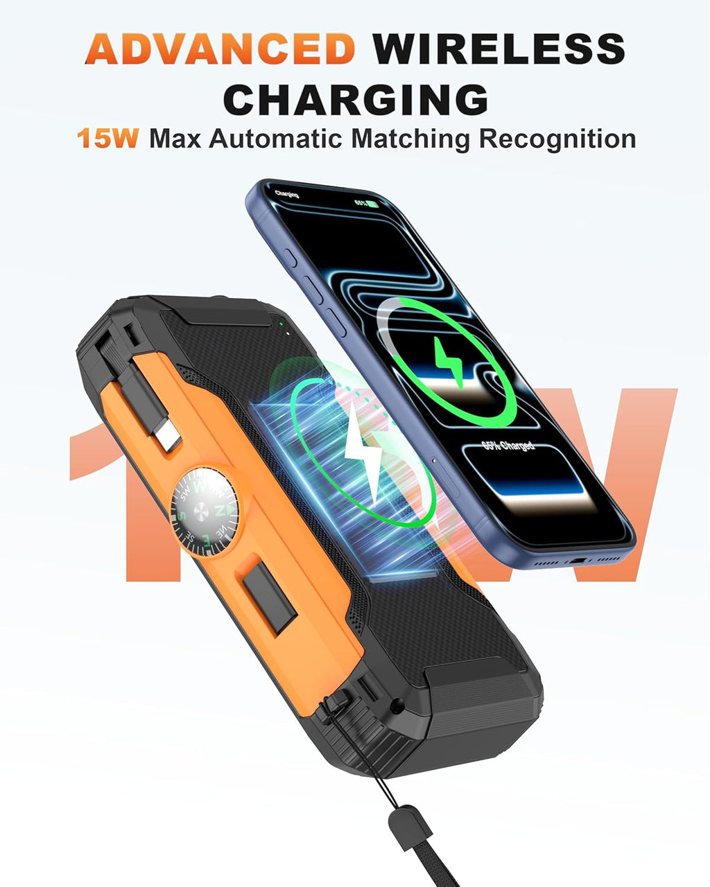 Solar Power Bank 20000mAh, 22.5W Fast Charging Portable Charger with Built-in Retractable USB-C Cable & iOS Adapter, Wireless Charger, Hand Crank Emergency Charger, Dual LED Flashlight for Camping