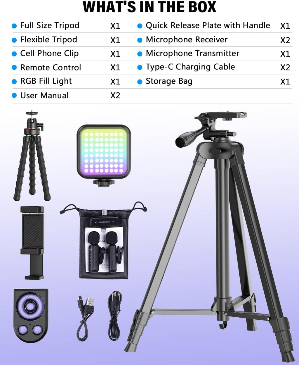 Vlogging Kit for iPhone/Android, YouTube Starter Kit with Wireless Microphone/Camera Tripod/Flexible Tripod/RGB Fill Light, Content Creator Essentials Kits for TikTok Vlog Video Recording