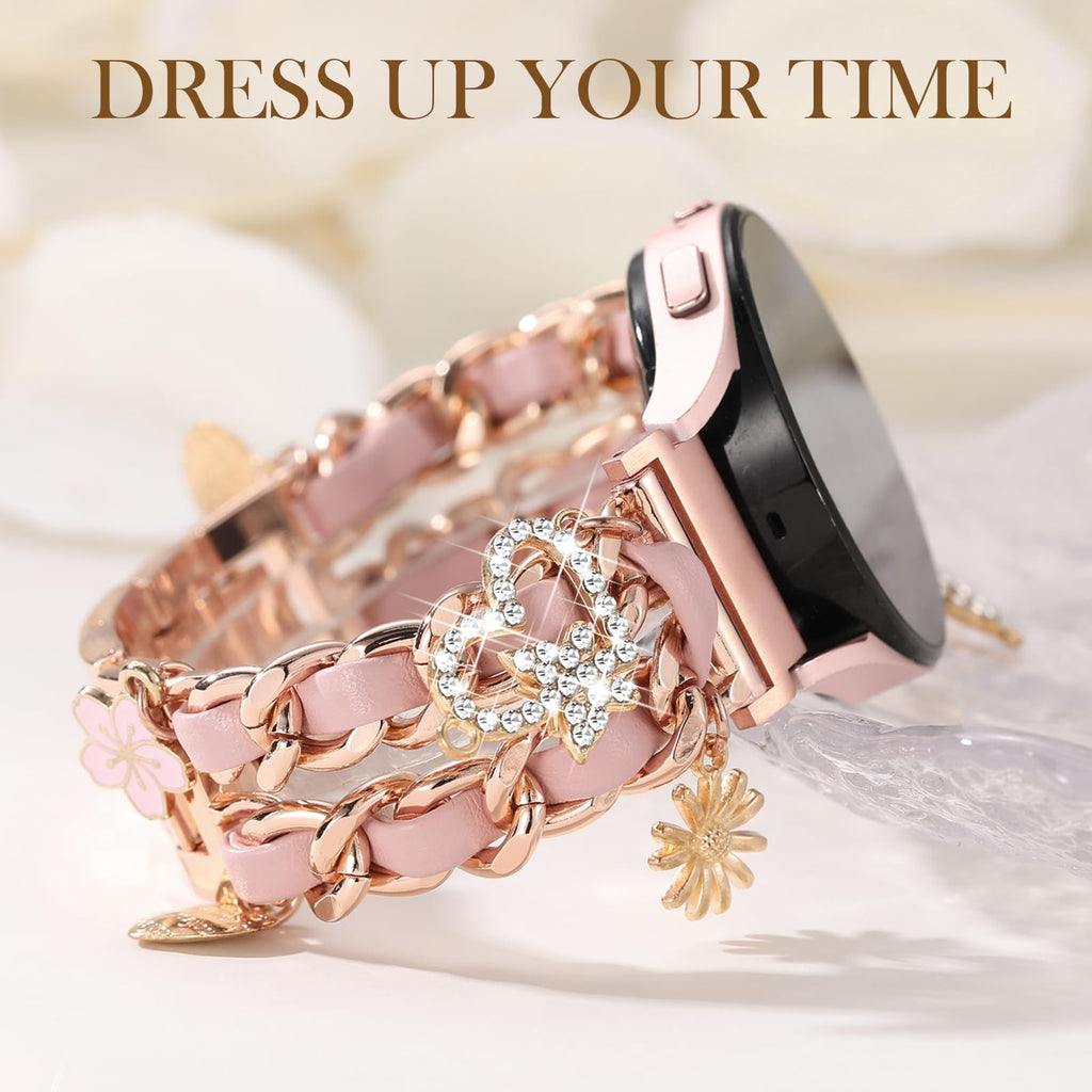 Stylish Metal Band Compatible with Samsung Galaxy Watch 7 Band/FE 6 5 4 40mm 44mm,Galaxy Active 2, 20mm Watch Strap Pretty Chain with Cute Decorative Charms Accessories for Samsung Watch Bands Women