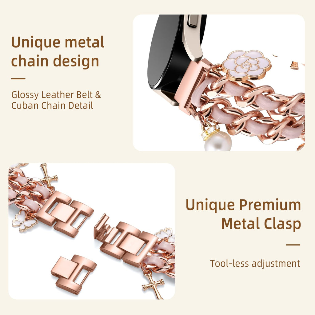 Stylish Metal Band Compatible with Samsung Galaxy Watch 7 Band/FE 6 5 4 40mm 44mm,Galaxy Active 2, 20mm Watch Strap Pretty Chain with Cute Decorative Charms Accessories for Samsung Watch Bands Women
