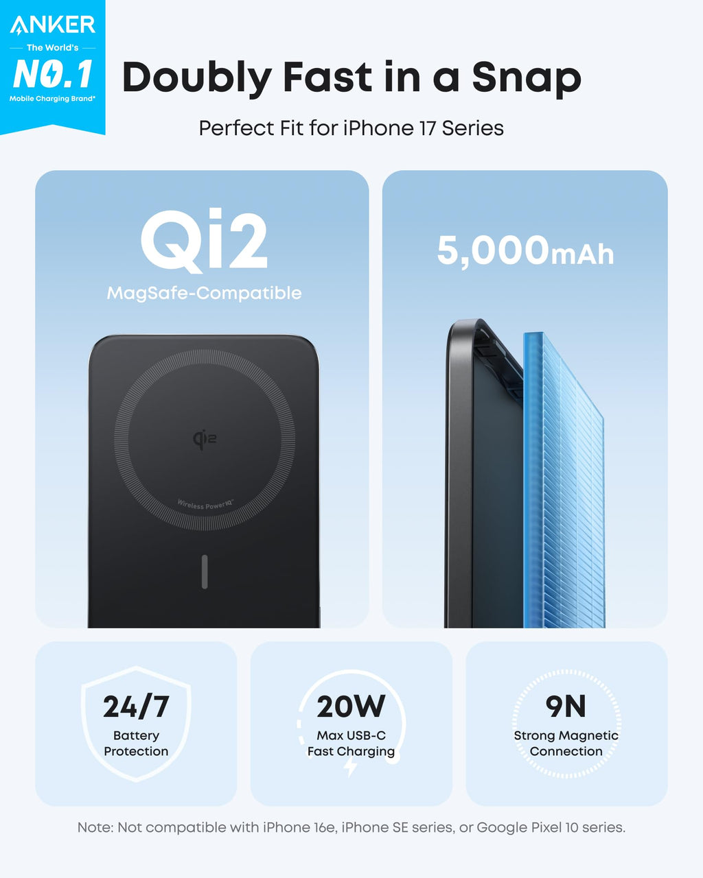 Magnetic Qi2 Power Bank 5000mAh, 15W MagSafe, for iPhone