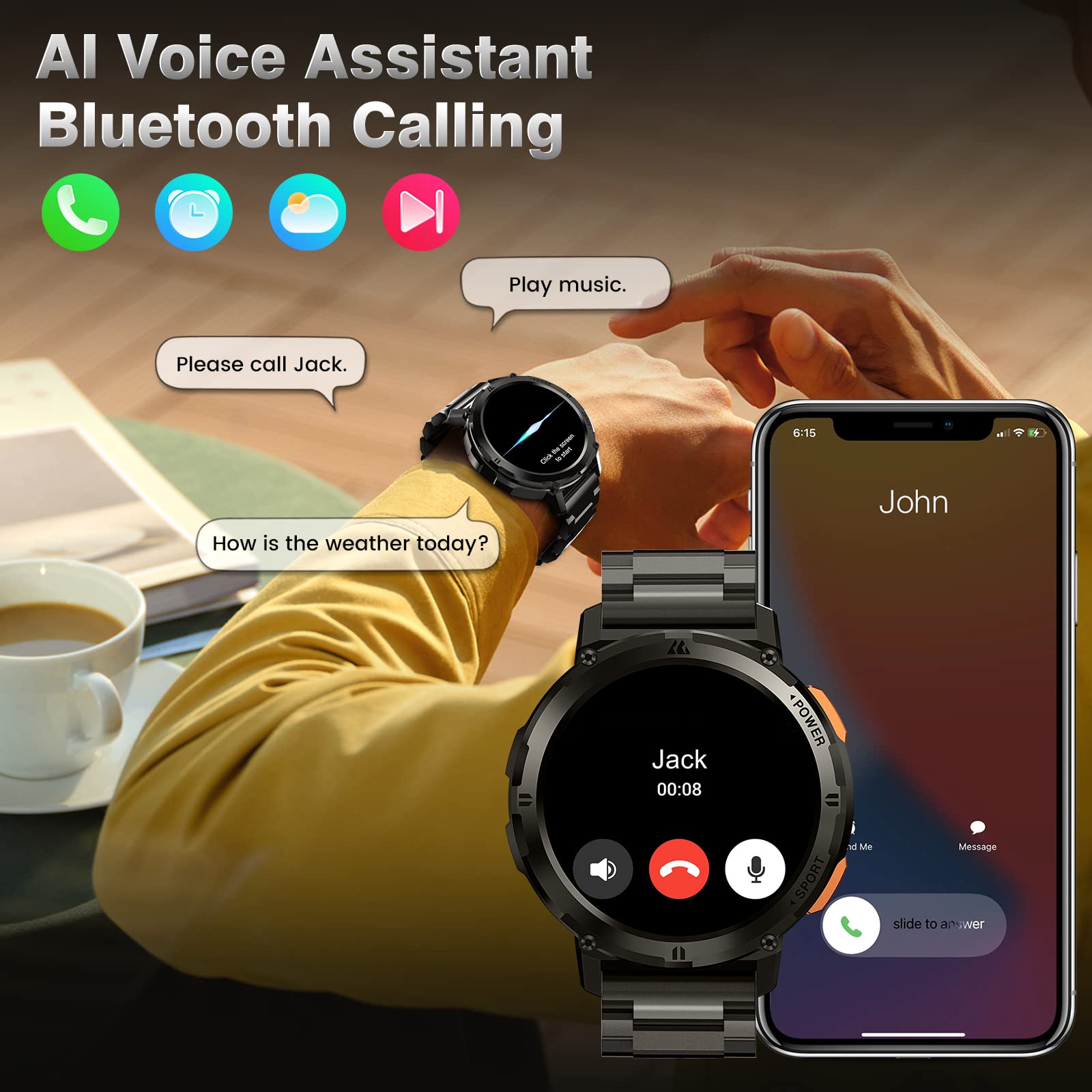 AMAZTIM Smart Watches for Men, 60 Days Extra-Long Battery, 50M Waterproof, Military Bluetooth Call(Answer/Dial Calls) 1.43" AMOLED Fitness Health Watch, AI Voice Assistant