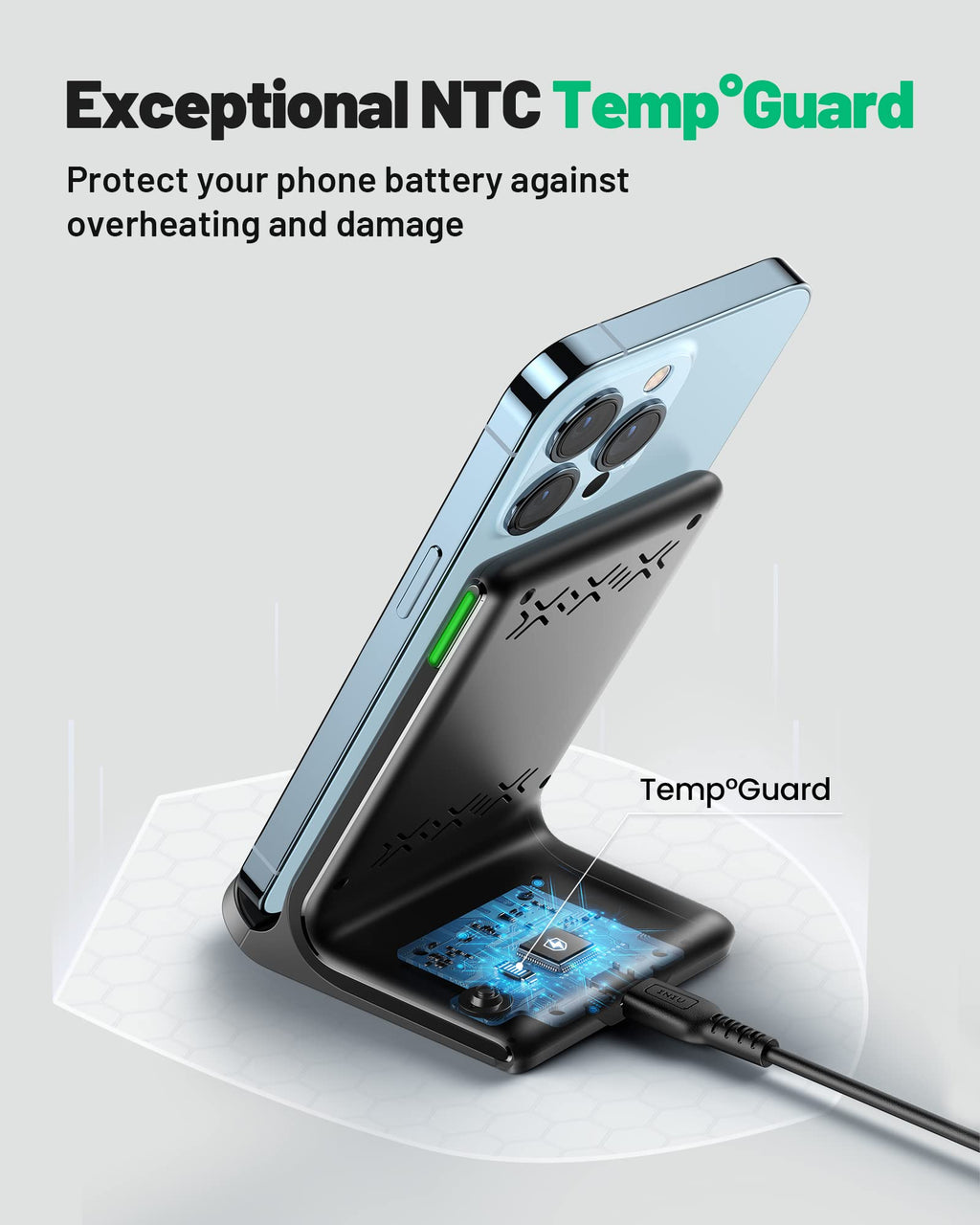INIU Wireless Charger, 15W Fast Wireless Charging Station with Sleep-Friendly Adaptive Light Compatible with iPhone 17 16 15 14 13 12 Pro Max Samsung Galaxy S25 S24 S23 Note 20 Google etc