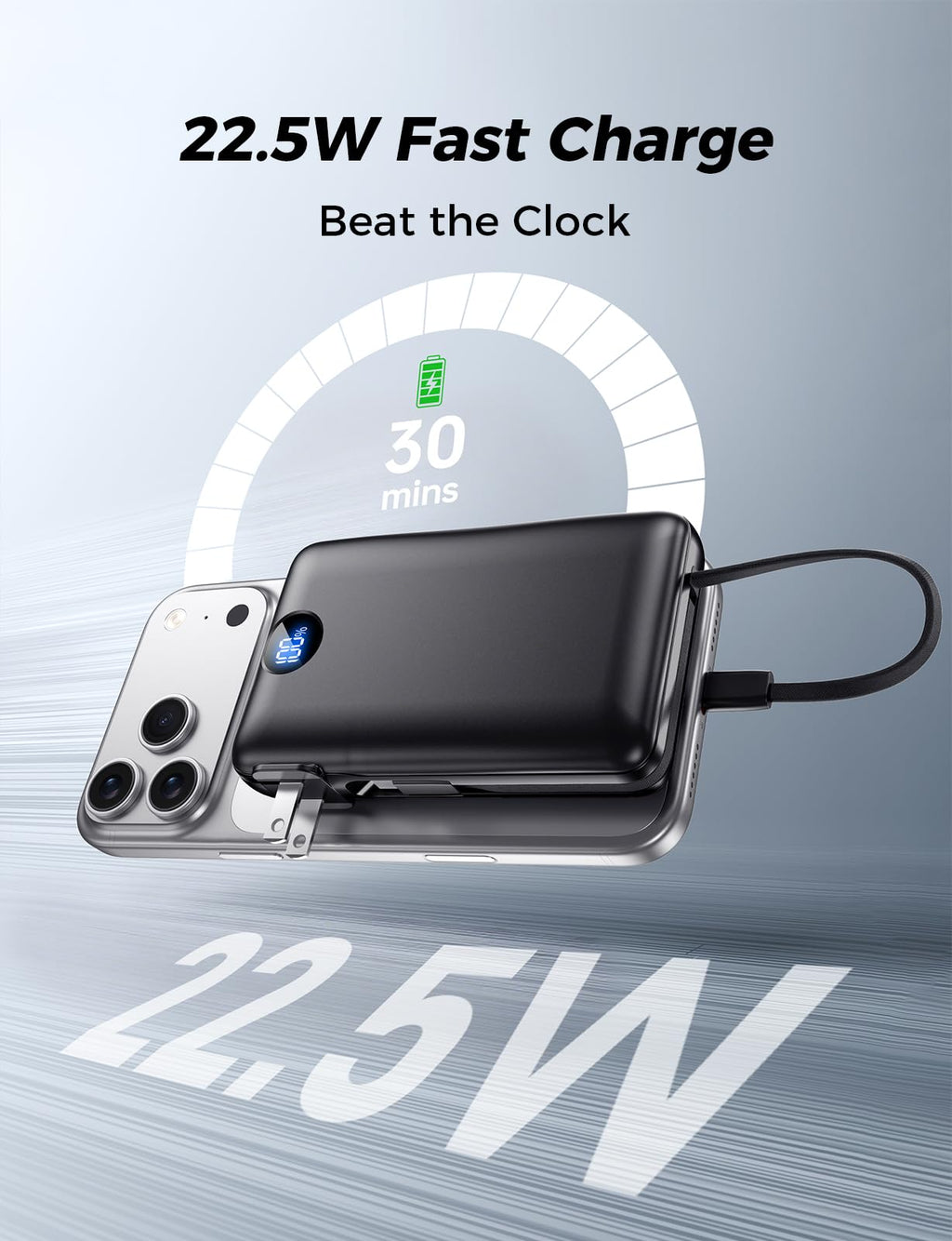 Portable Charger 50000mAh with Built-in Cables and AC Wall Plug, 22.5W Fast Charging Power Bank with LED Display for iPhone 17/16, Samsung, Android Devices, Camping, Road Trips and Travel, Black