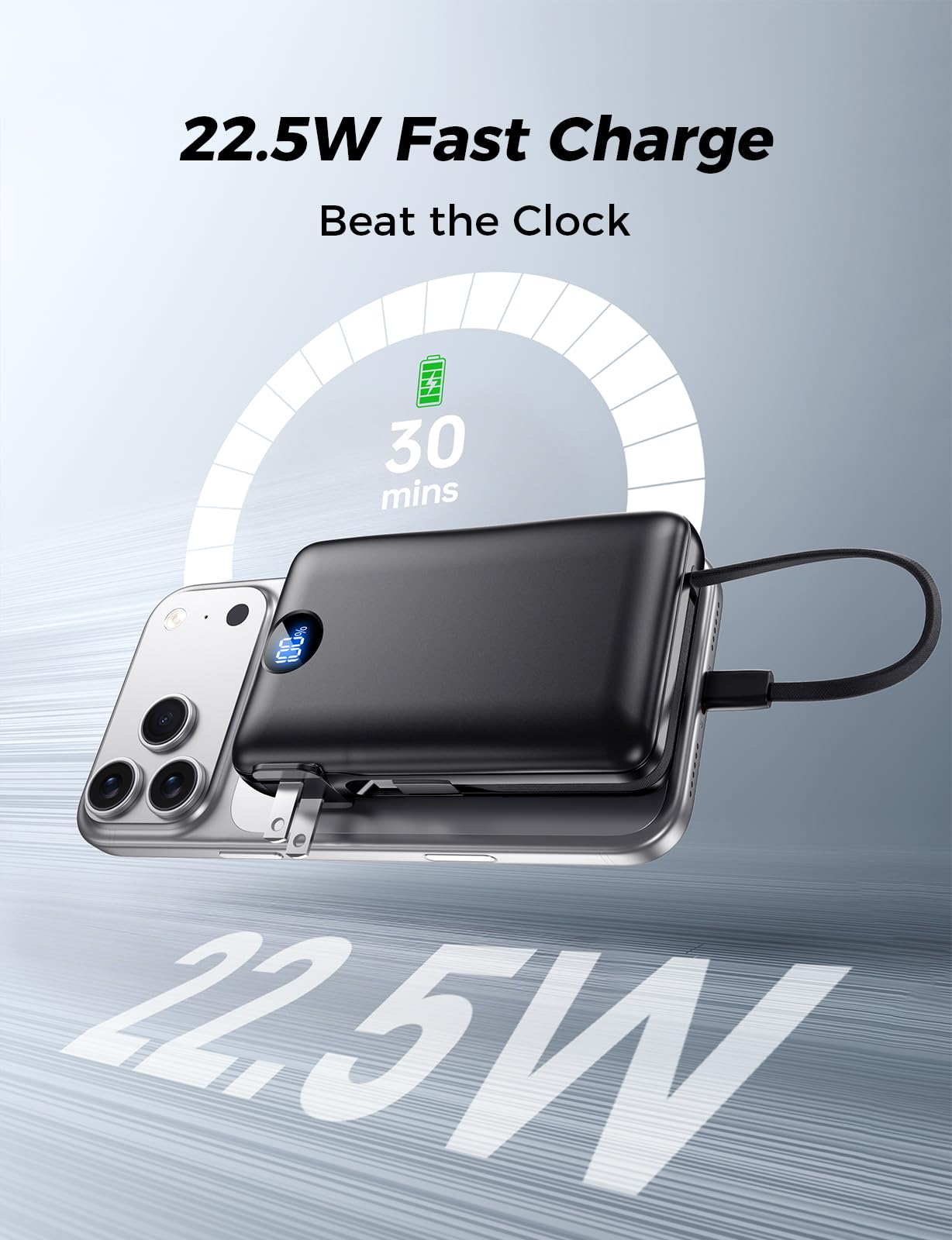 Portable Charger 50000mAh with Built-in Cables and AC Wall Plug, 22.5W Fast Charging Power Bank with LED Display for iPhone 17/16, Samsung, Android Devices, Camping, Road Trips and Travel, Black