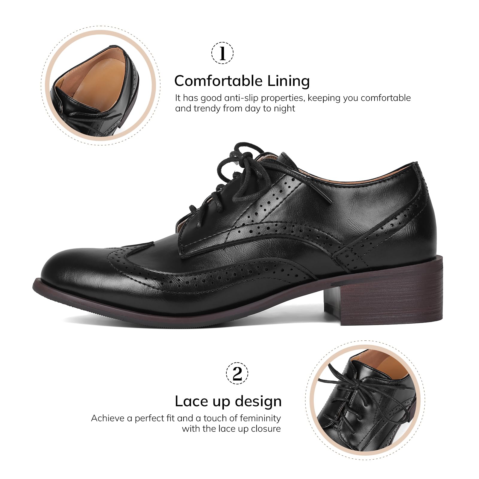 Women Black Oxfords Lace Up Pointed Toe Classic Business Formal Wingtip Brogue Dressy Shoes