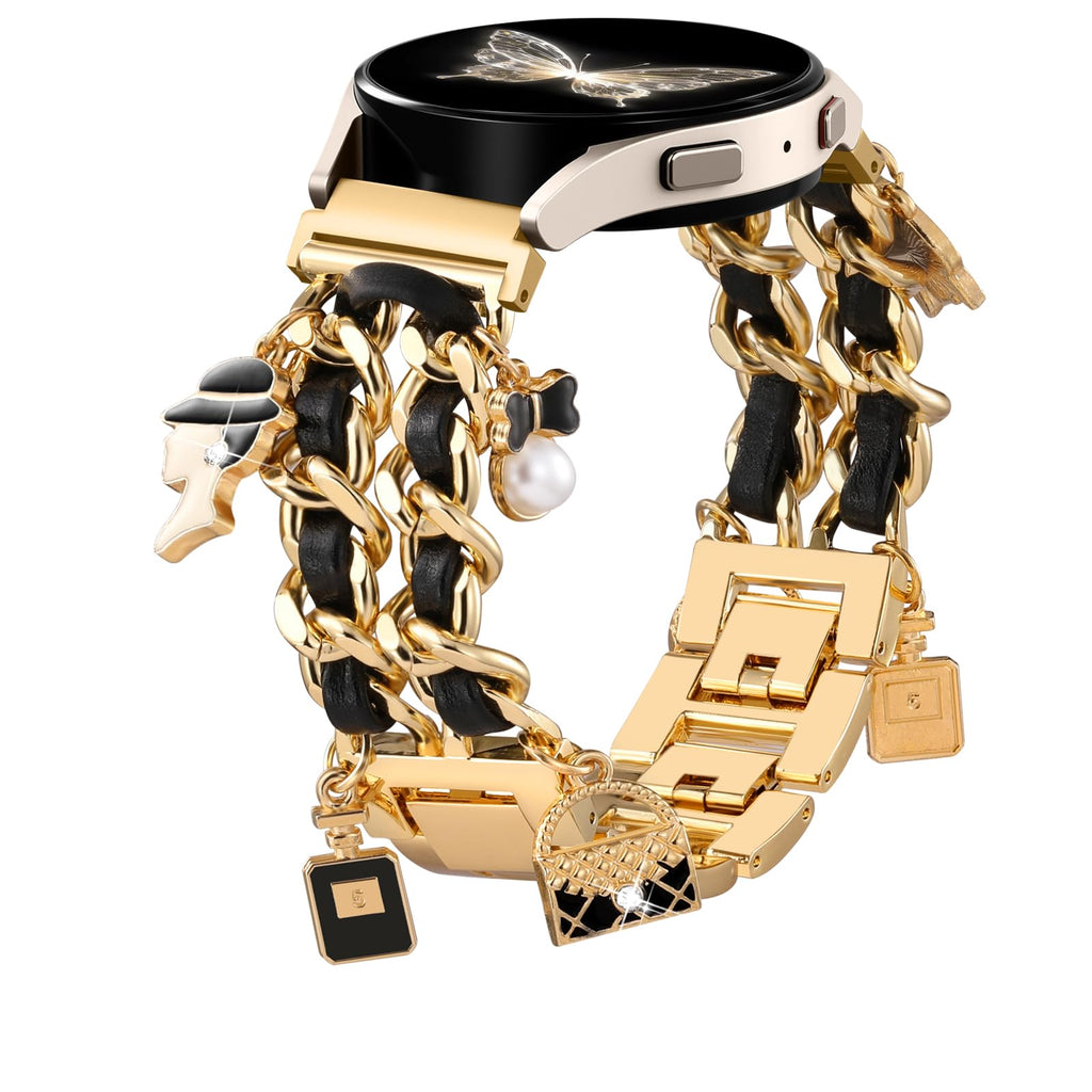 Stylish Metal Band Compatible with Samsung Galaxy Watch 7 Band/FE 6 5 4 40mm 44mm,Galaxy Active 2, 20mm Watch Strap Pretty Chain with Cute Decorative Charms Accessories for Samsung Watch Bands Women
