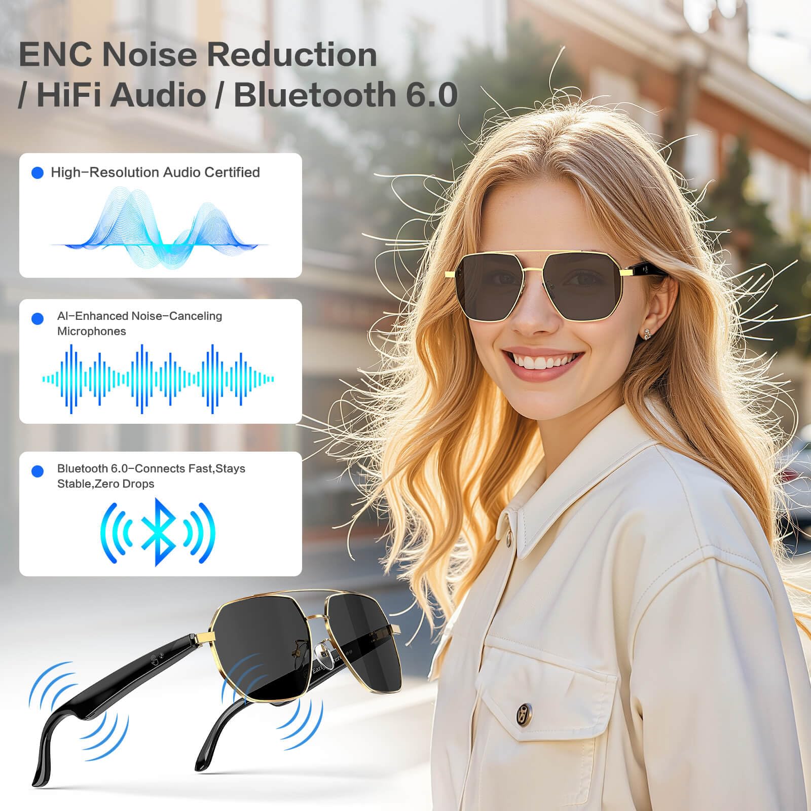 AI Smart Glasses with Chat GPT, AI Translation Glasses with 164 Language, Classic Aviator Sunglasses with Voice Assistant/AI Calling, IP65 Waterproof, Multifunctional Smart Glasses for Men Women