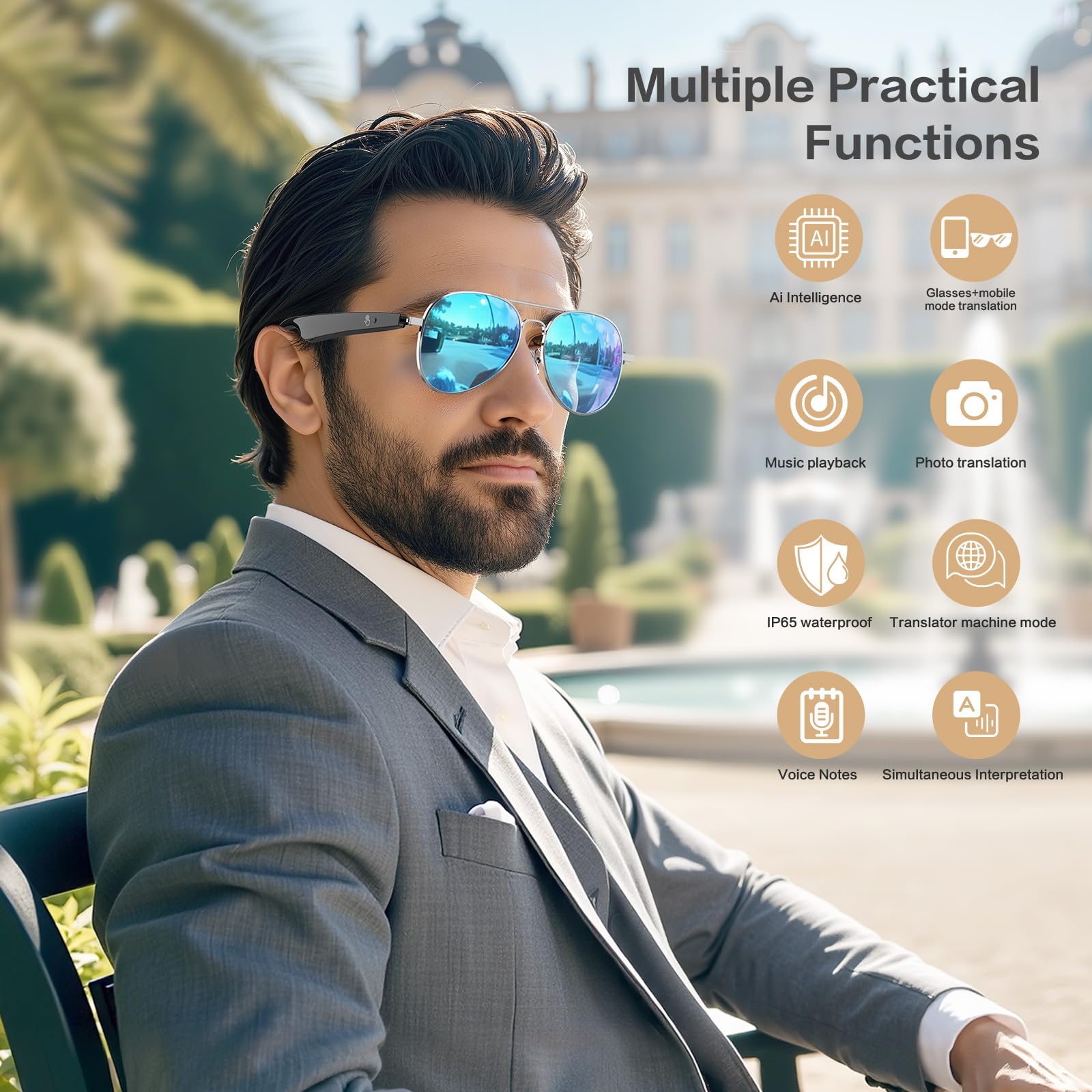AI Smart Glasses with Chat GPT, AI Translation Glasses with 164 Language, Classic Aviator Sunglasses with Voice Assistant/AI Calling, IP65 Waterproof, Multifunctional Smart Glasses for Men Women