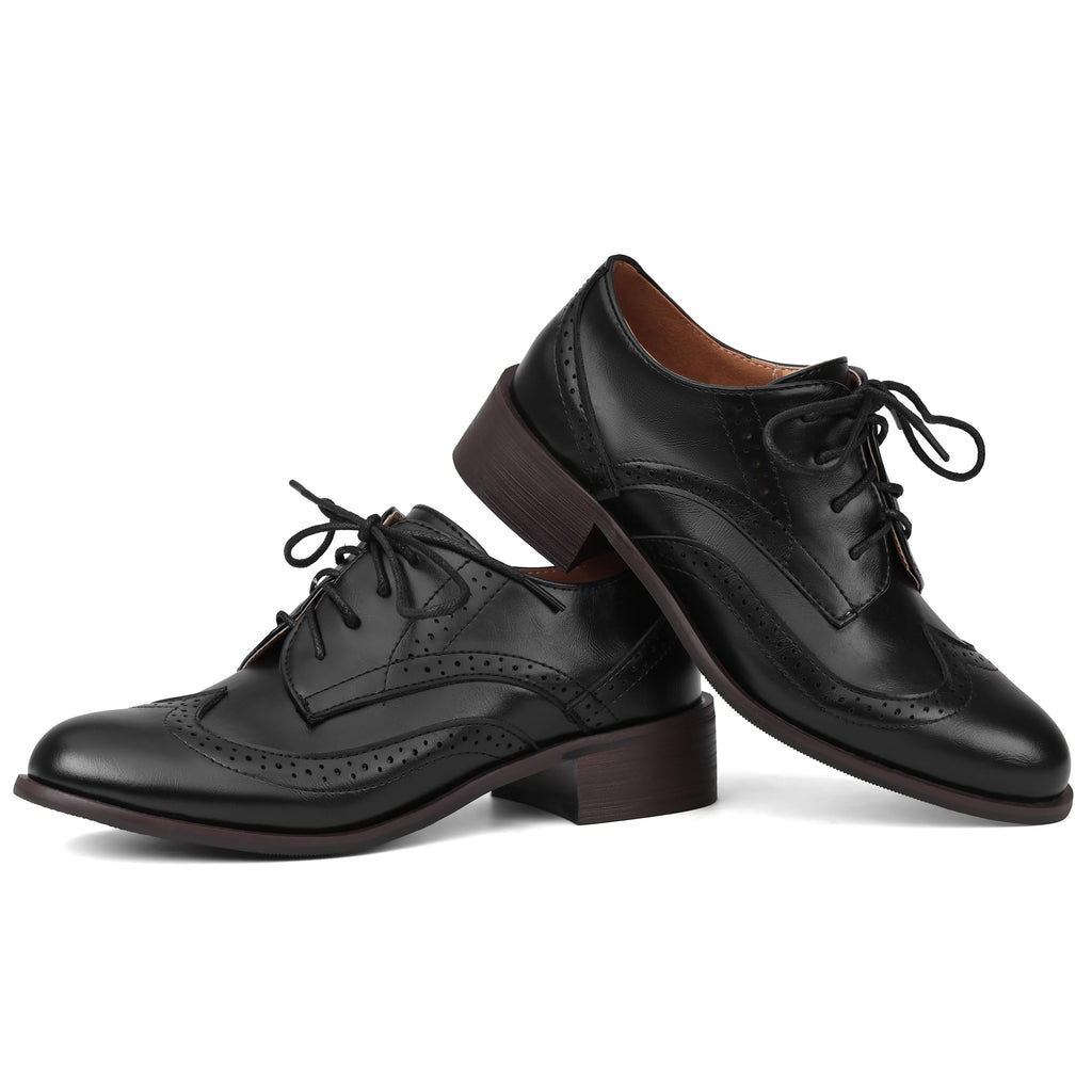 Women Black Oxfords Lace Up Pointed Toe Classic Business Formal Wingtip Brogue Dressy Shoes