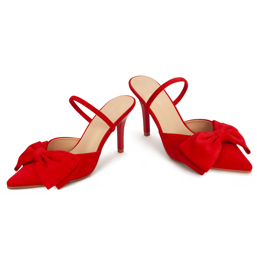 Women's Closed Pointed Toe Slingback Pumps with Big Bow Elastic Strap 3.5 Inch Stiletto Heels Dress Shoes