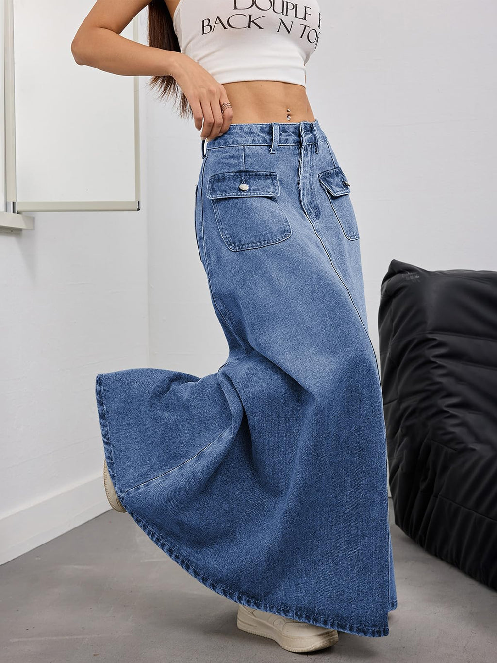 ebossy Women's Vintage Mid-Rise Multi-Pockets Flared Long Jean Skirts Pleated Flowy Swing A-line Denim Maxi Skirts