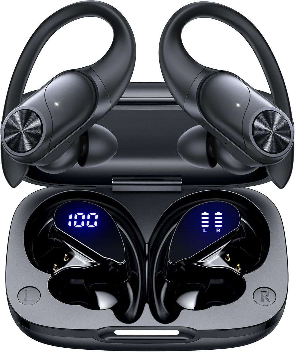 PocBuds Bluetooth Headphones Wireless Earbuds 80hrs Playtime Wireless Charging Case Digital Display Sports Ear Buds with Earhook Deep Bass IPX7 Waterproof Over-Ear Earphones for TV Phone Laptop Black