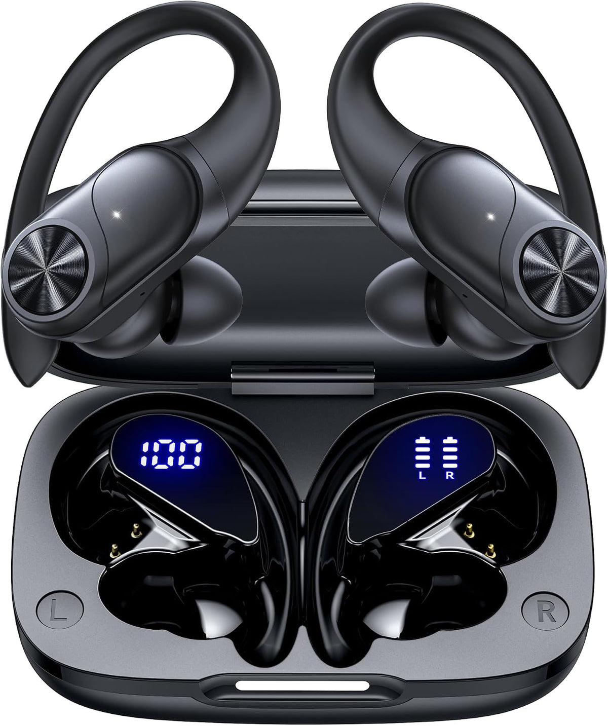 PocBuds Bluetooth Headphones Wireless Earbuds 80hrs Playtime Wireless Charging Case Digital Display Sports Ear Buds with Earhook Deep Bass IPX7 Waterproof Over-Ear Earphones for TV Phone Laptop Black
