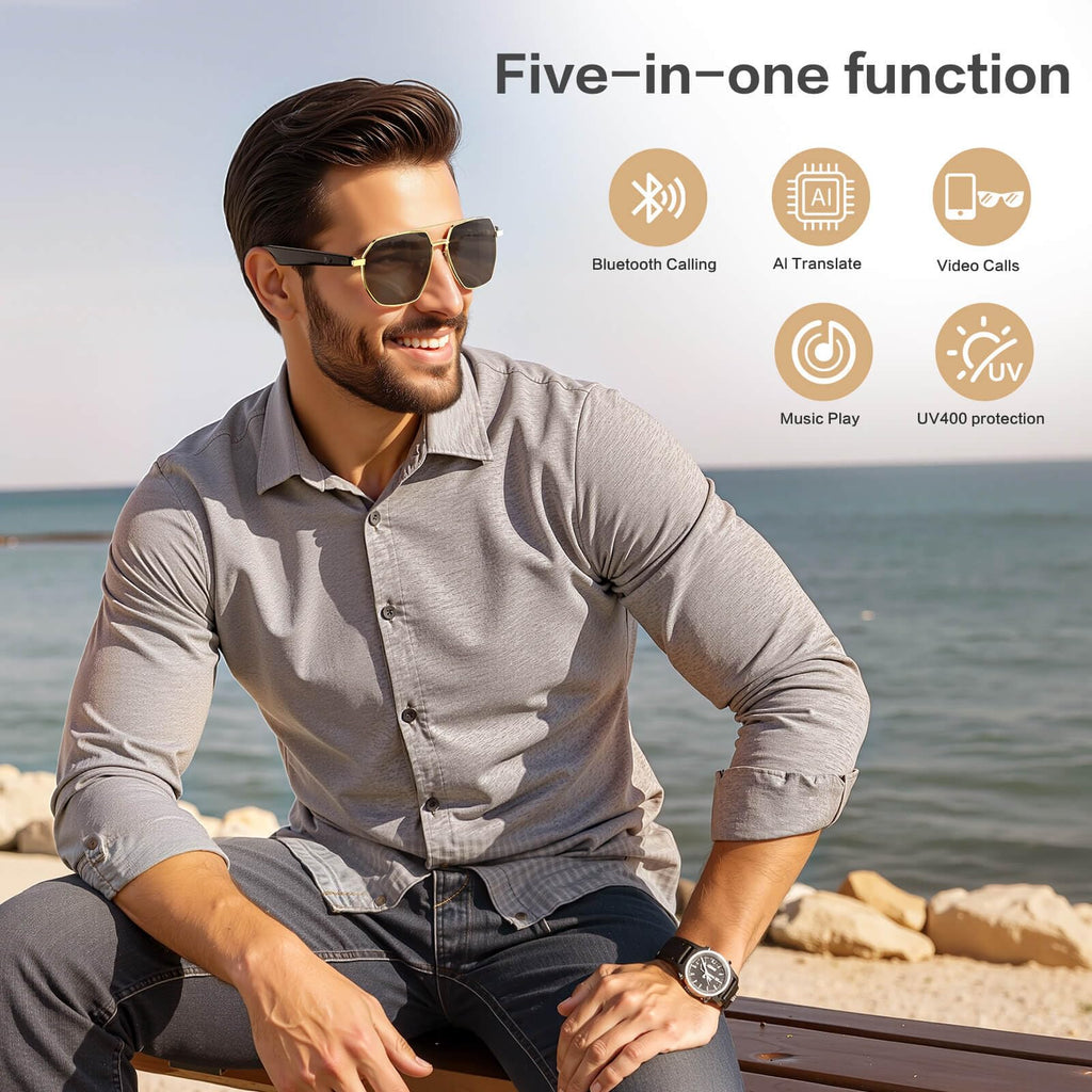 AI Smart Glasses with Chat GPT, AI Translation Glasses with 164 Language, Classic Aviator Sunglasses with Voice Assistant/AI Calling, IP65 Waterproof, Multifunctional Smart Glasses for Men Women