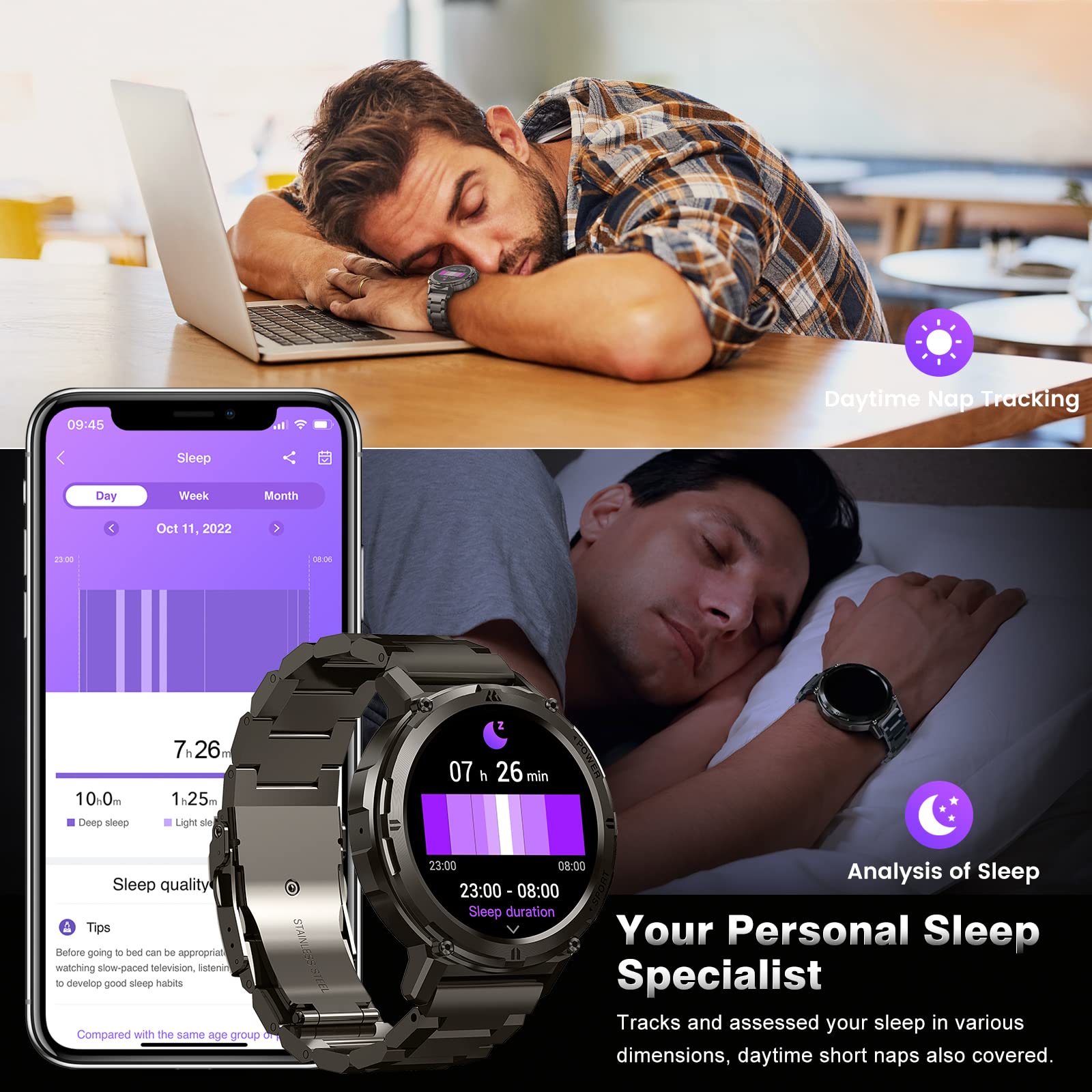 AMAZTIM Smart Watches for Men, 60 Days Extra-Long Battery, 50M Waterproof, Military Bluetooth Call(Answer/Dial Calls) 1.43" AMOLED Fitness Health Watch, AI Voice Assistant